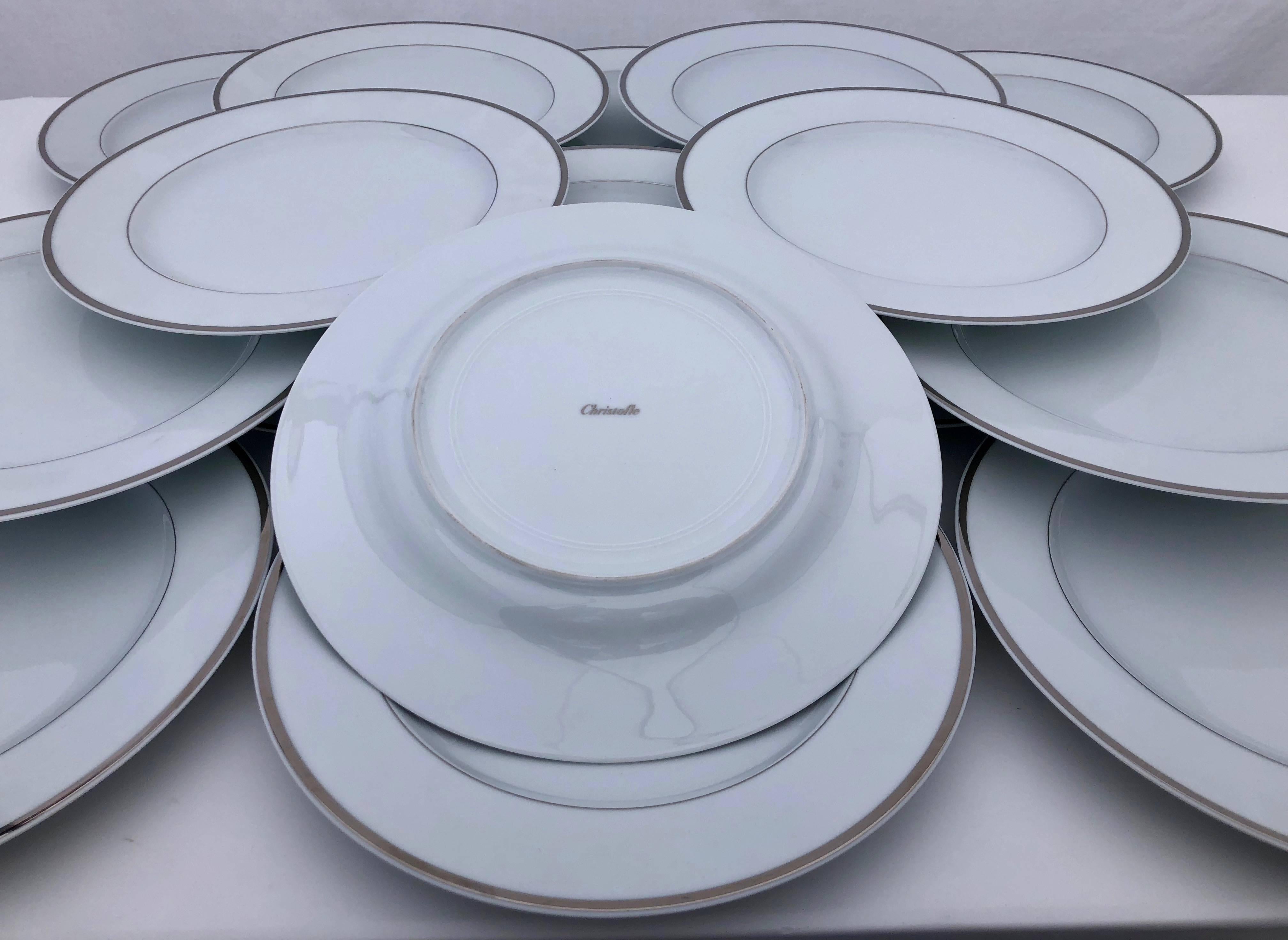 Modern Christofle Porcelain Large Presentation Plates with Silver Banding, Set of 40 For Sale