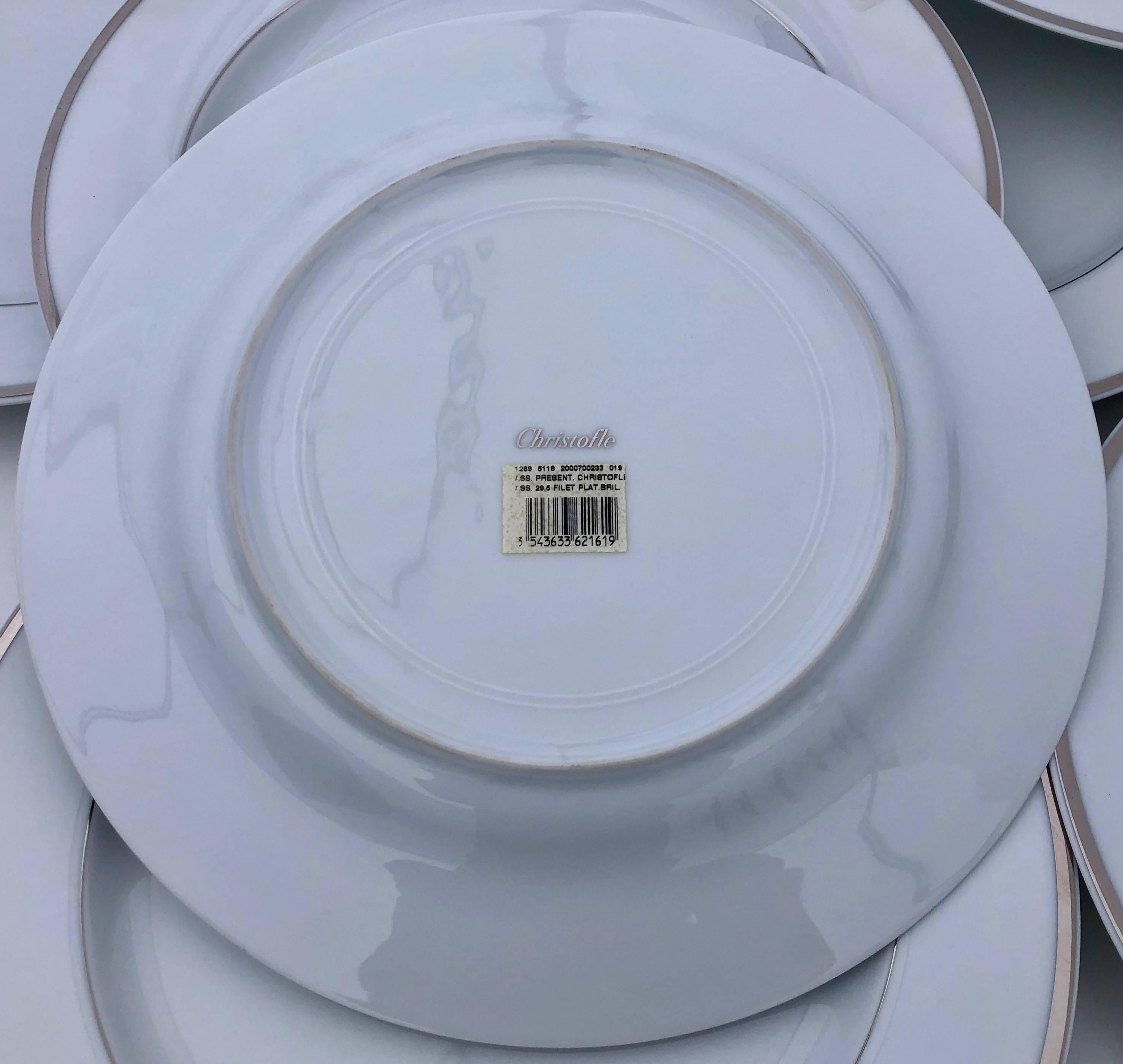 20th Century Christofle Porcelain Large Presentation Plates with Silver Banding, Set of 40 For Sale