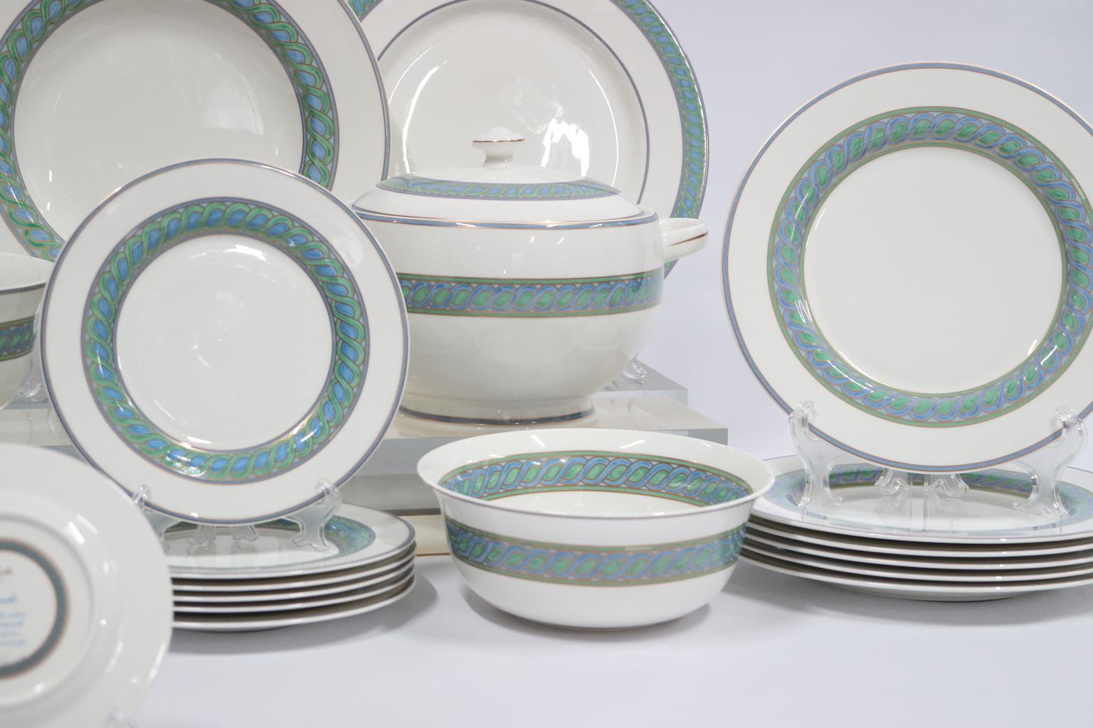 Neoclassical Christofle Porcelain Partial Service for Six in Torsada Pattern