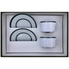 Christofle Porcelain Tea Set for Two, "Tête-à-Tête", Model Talisman, Green