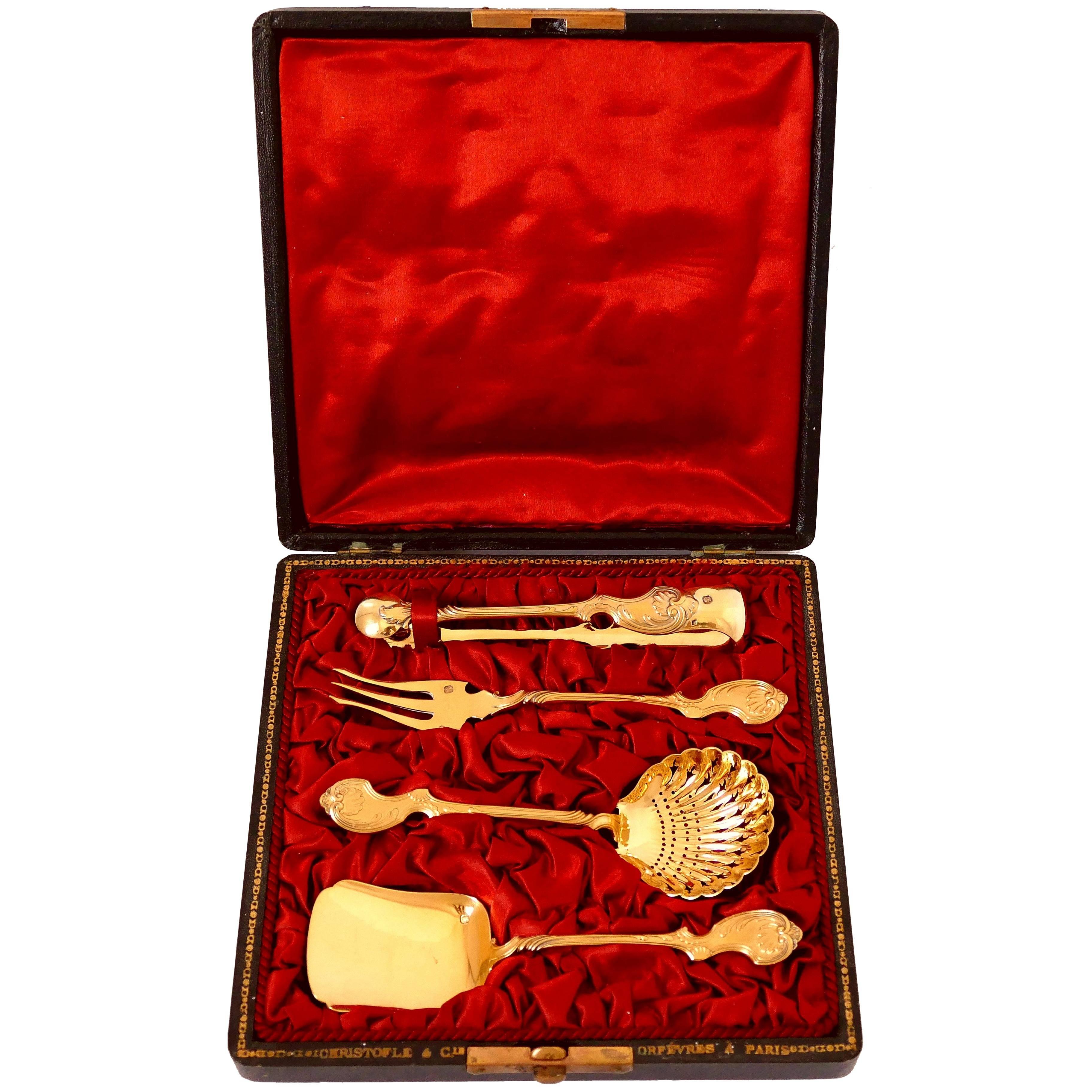 Christofle Rare French Sterling Silver 18-Karat Gold Dessert Set, Original Box For Sale 5