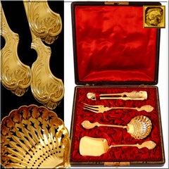 Christofle Rare French Sterling Silver 18-Karat Gold Dessert Set, Original Box