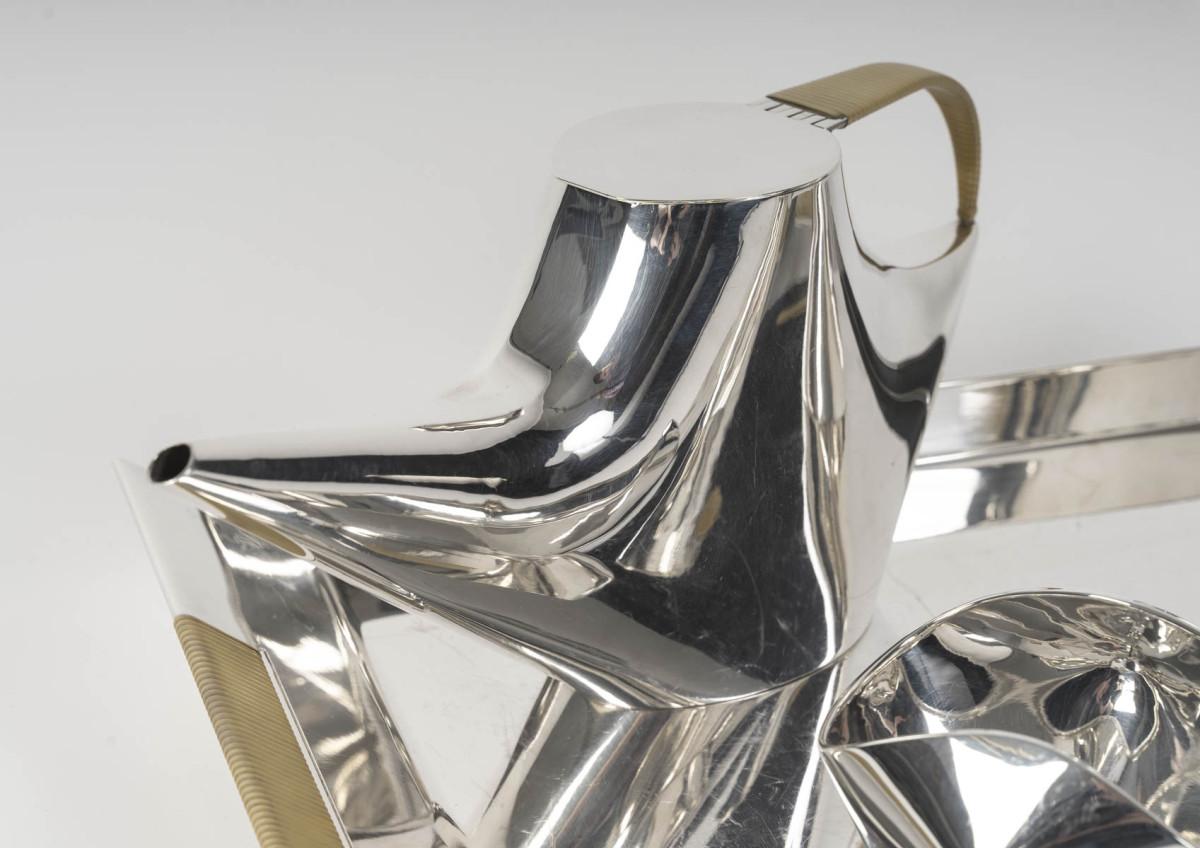 French CHRISTOFLE - SABATTINI - Modernist Tea/Coffee Set on its Solid Silver Tray Circa For Sale