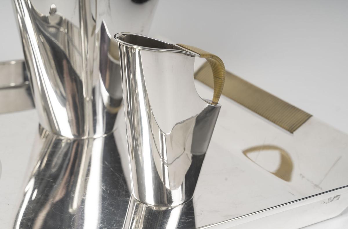 20th Century CHRISTOFLE - SABATTINI - Modernist Tea/Coffee Set on its Solid Silver Tray Circa For Sale