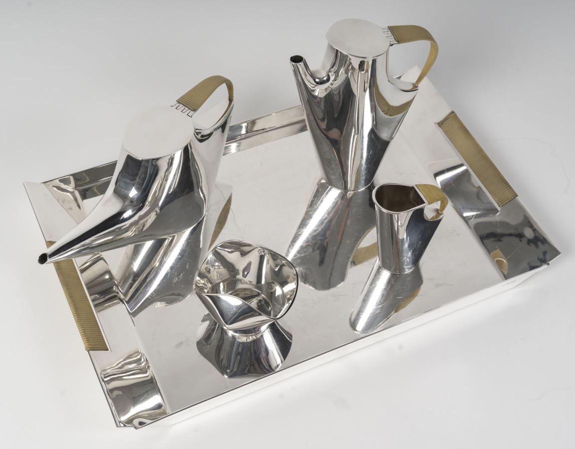 CHRISTOFLE - SABATTINI - Modernist Tea/Coffee Set on its Solid Silver Tray Circa For Sale 1