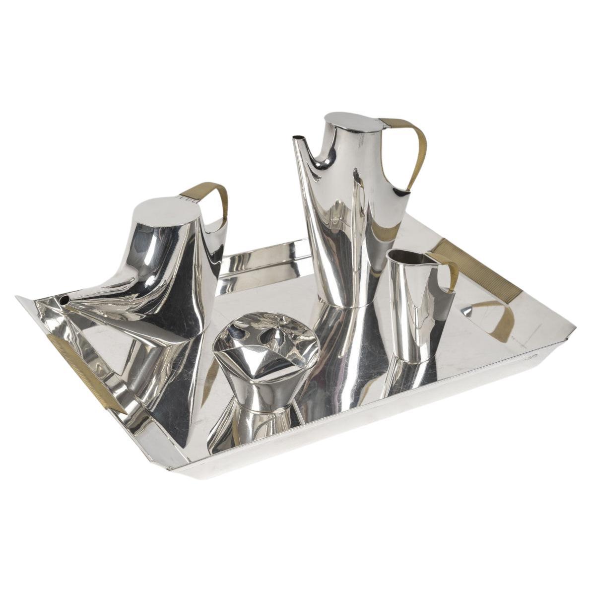 CHRISTOFLE - SABATTINI - Modernist Tea/Coffee Set on its Solid Silver Tray Circa For Sale