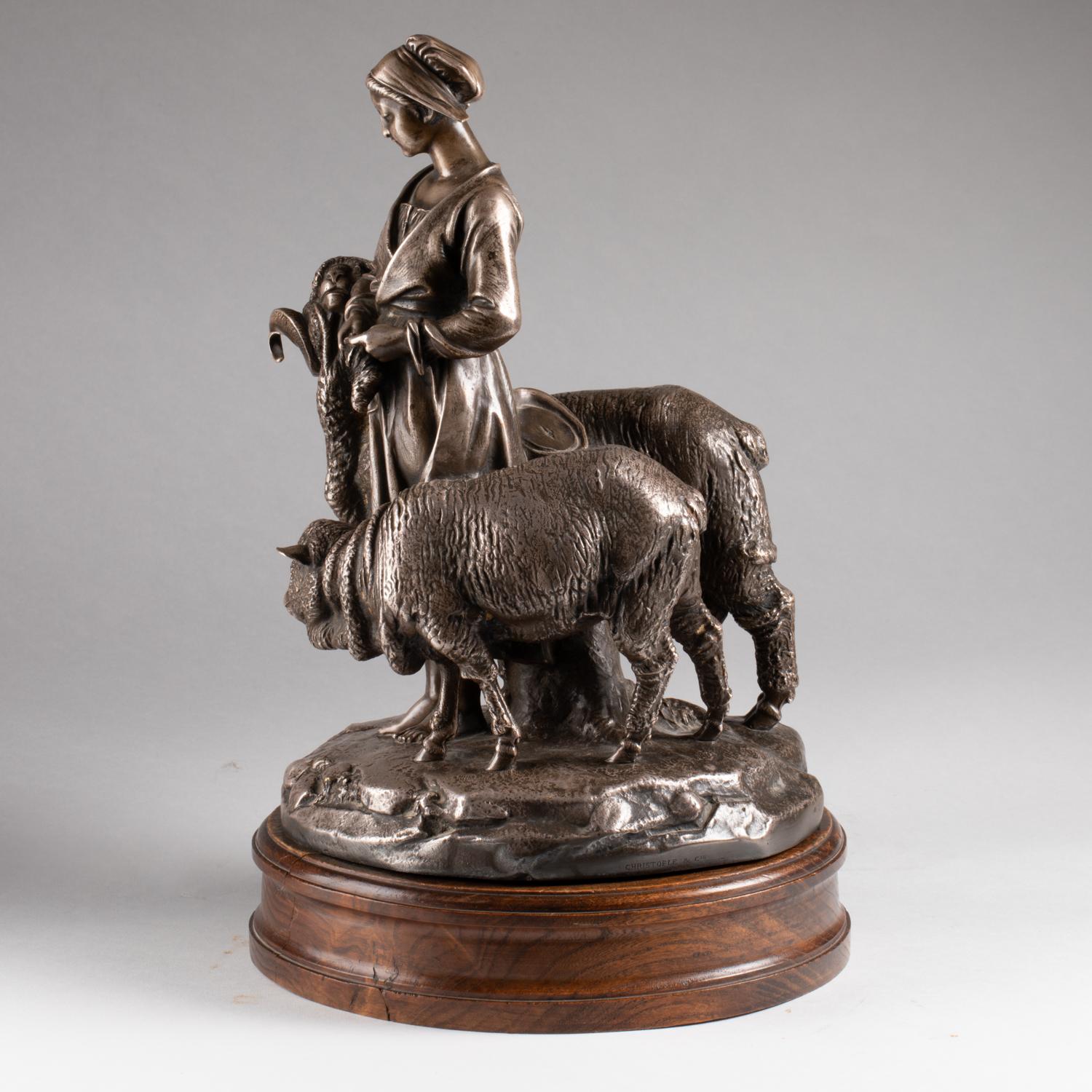 Silver-plated metal sculpture and varnished wood base by Christofle representing an agricultural trophy, 19th century, Napoleon III period.
H: 36cm, D: 23cm
