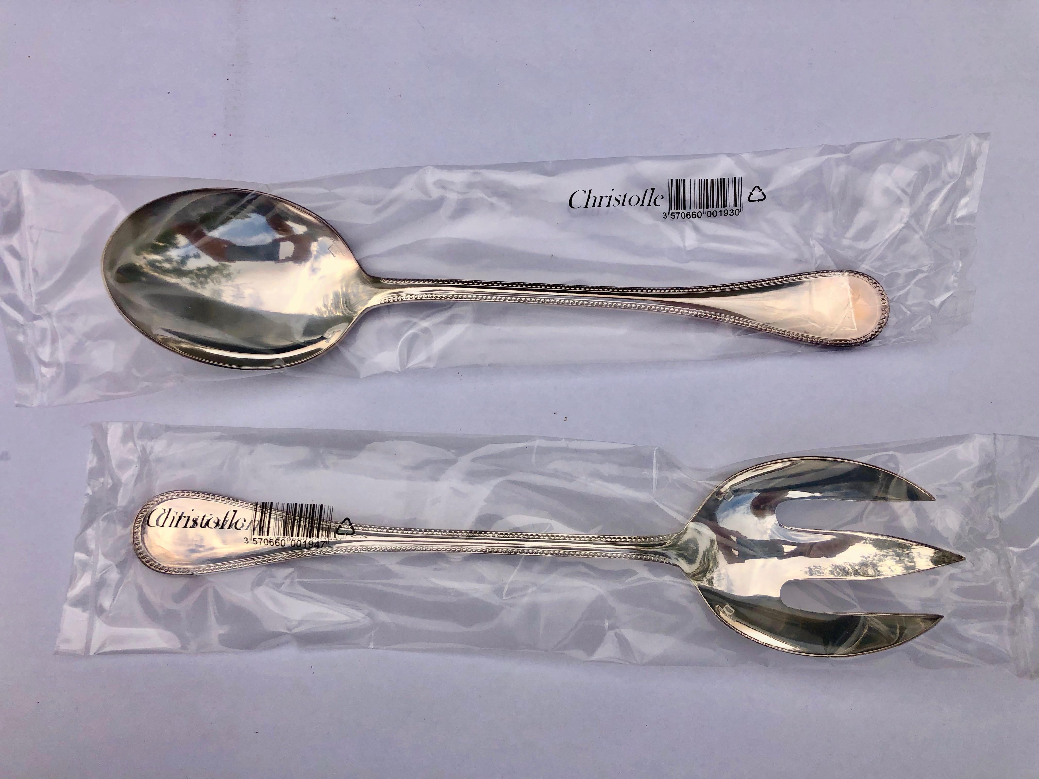 Modern Christofle Set of 2 Silver Plated Salad Serving Spoon and Fork Perles New in Box For Sale