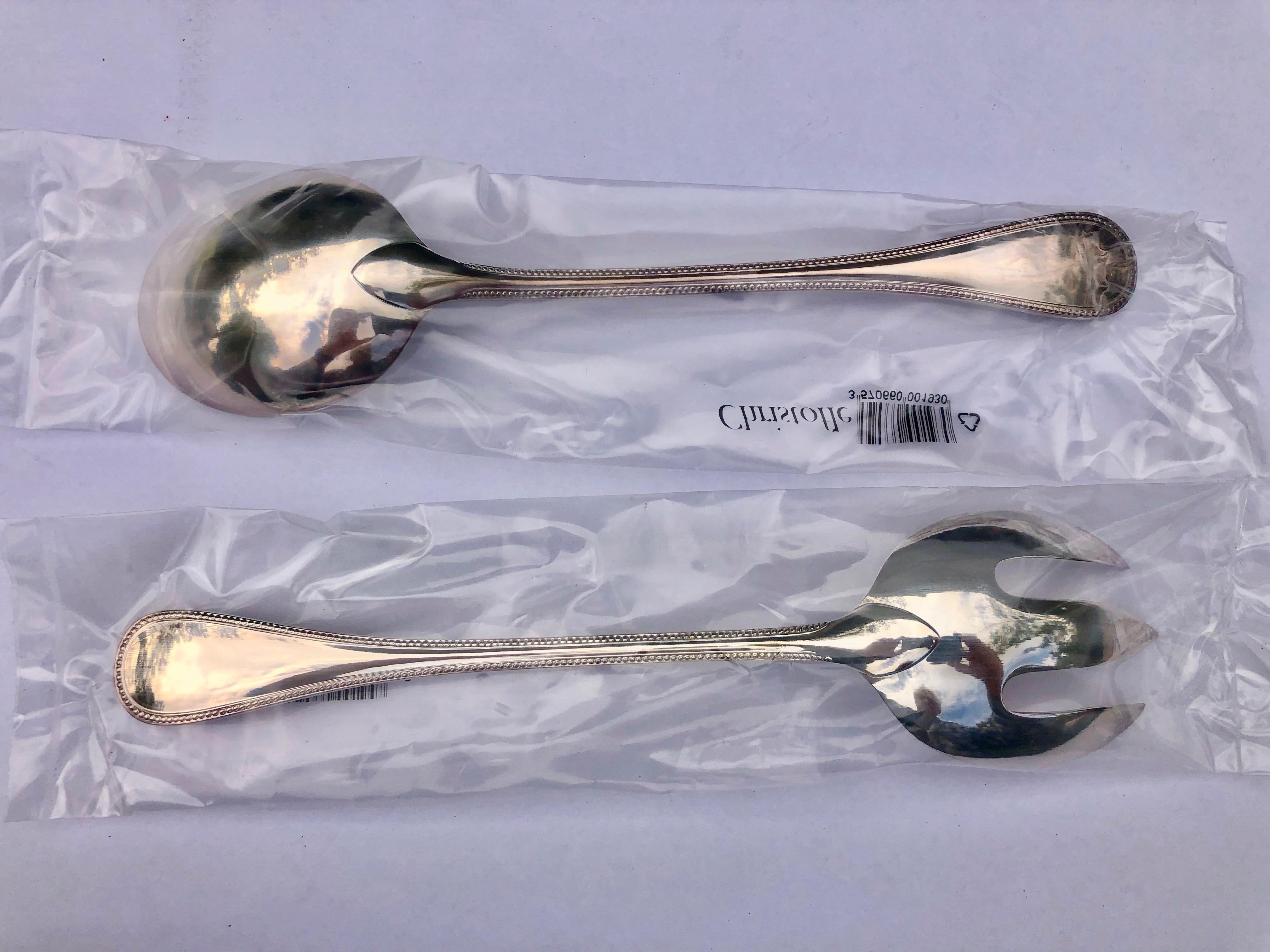 French Christofle Set of 2 Silver Plated Salad Serving Spoon and Fork Perles New in Box For Sale