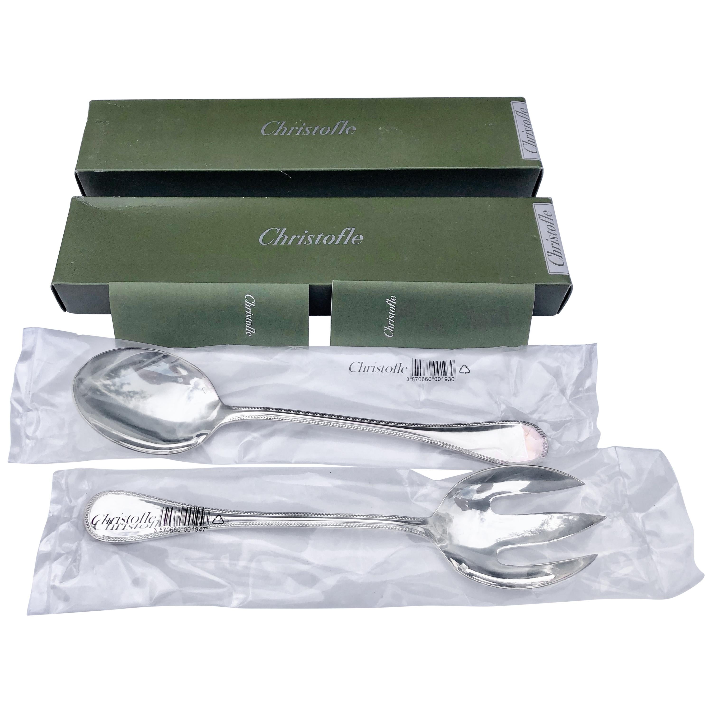 Christofle Set of 2 Silver Plated Salad Serving Spoon and Fork Perles New in Box For Sale