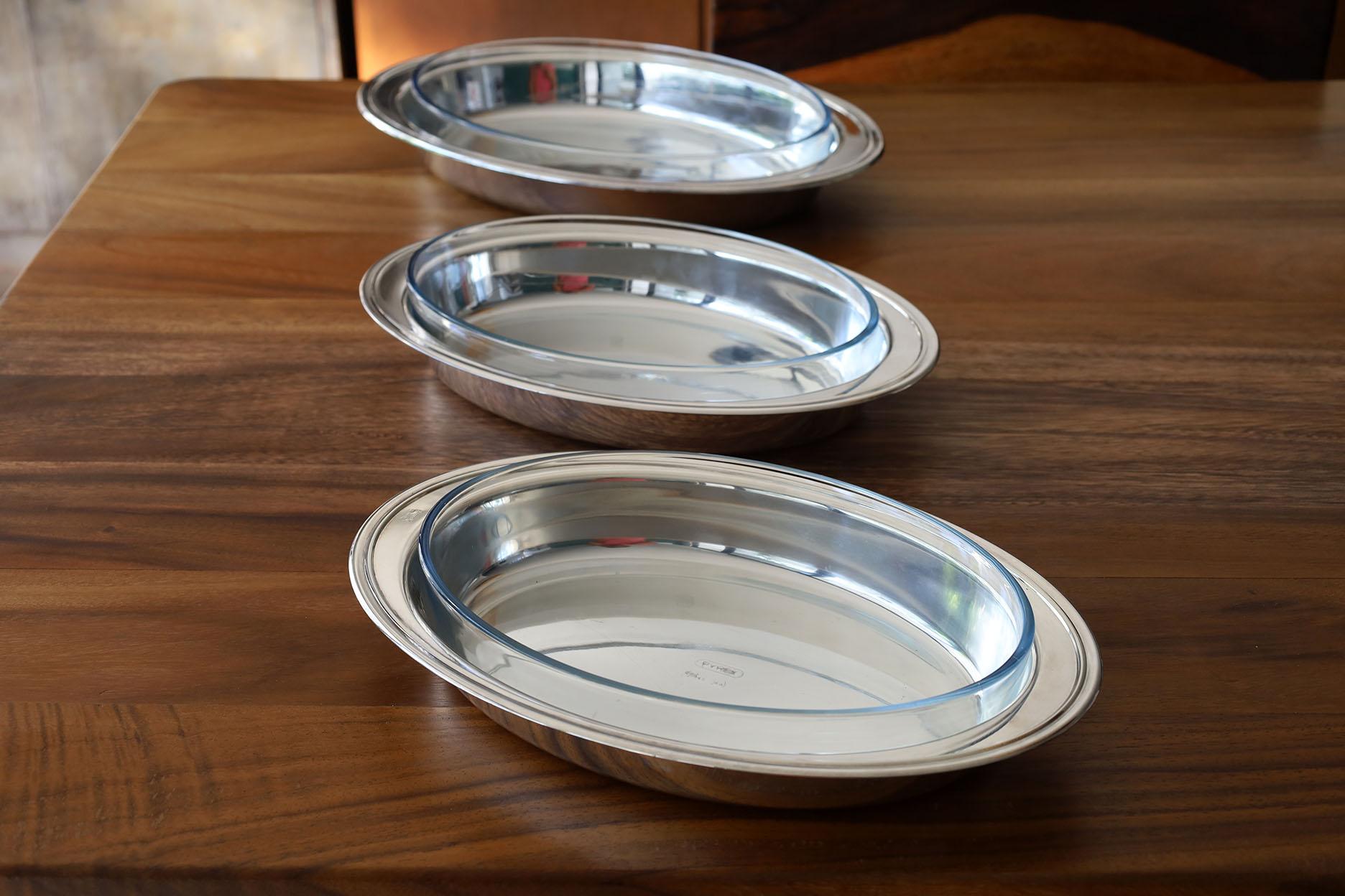 Modern Christofle Set of 3 Silver Plated & Glass Dishes