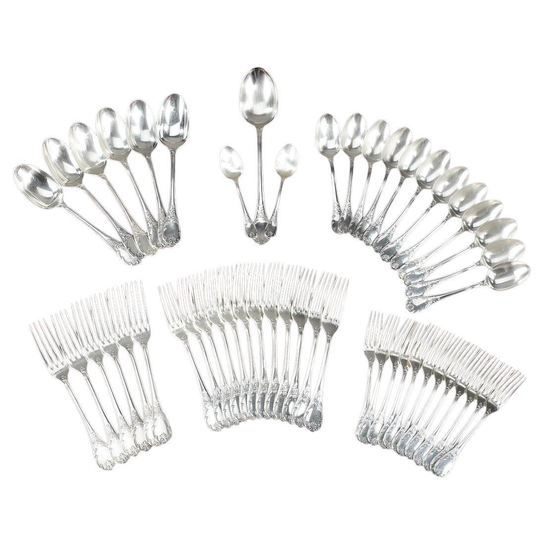 Christofle, Set of 51 Louis XV Style Silver Plated Flatware For Sale