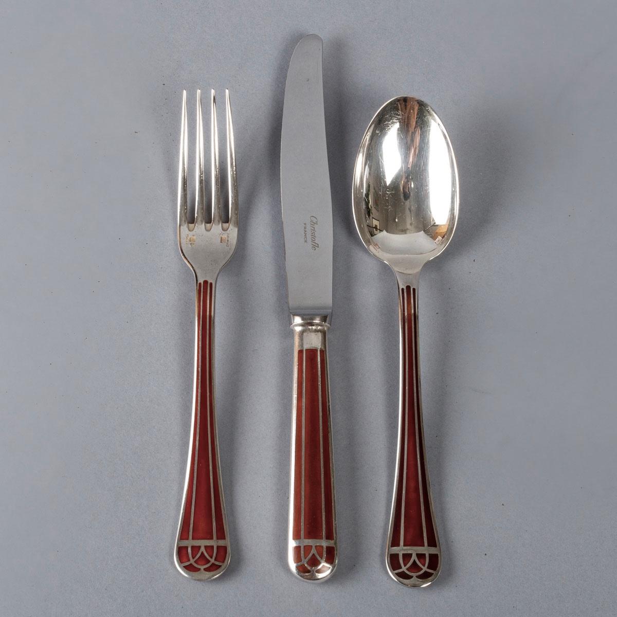 Art Deco Christofle, Set of Talisman Flatware 8 People Plated Silver Chinese Lacquer