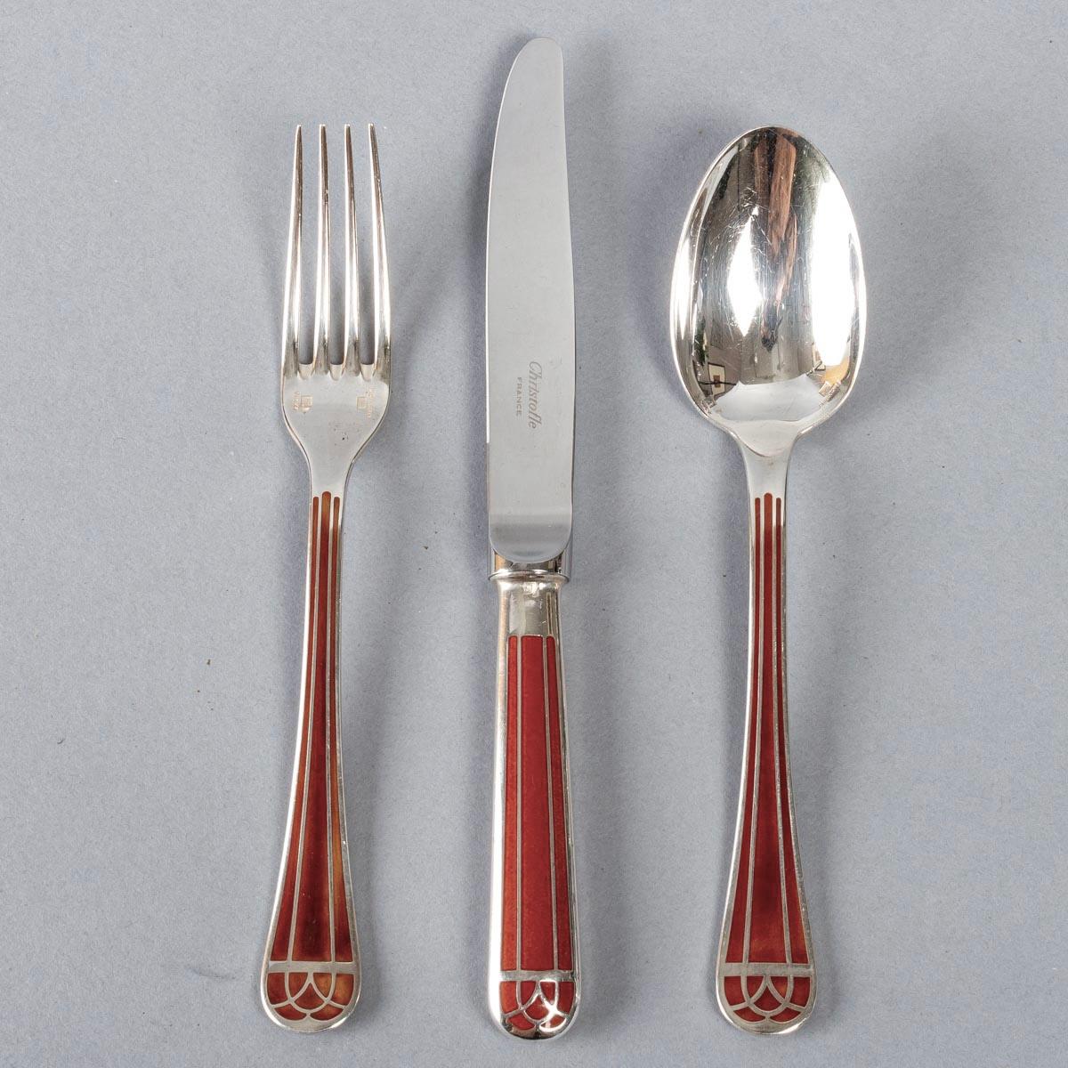 Silver Plate Christofle, Set of Talisman Flatware 8 People Plated Silver Chinese Lacquer