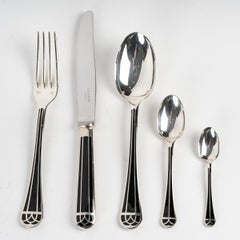 Christofle, Set of Talisman Flatware Plated Silver Chinese Lacquer, 54 Pieces