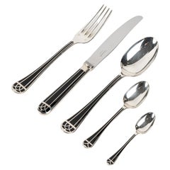 Christofle, Set of Talisman Flatware Plated Silver Chinese Lacquer, 54 Pieces