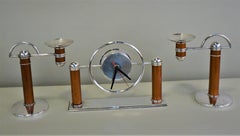 Christofle Silver, Lacquer Art Deco Clock and Candle Holder Set