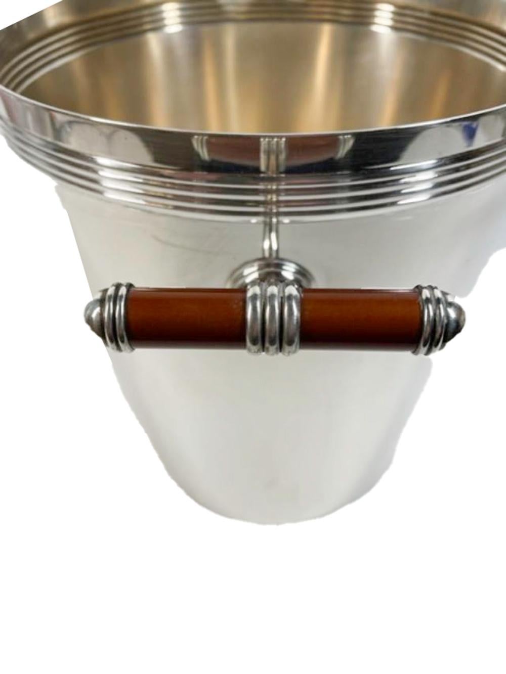 French Christofle Silver Plate Ice Bucket in the Talisman Pattern with Brown Enamel For Sale