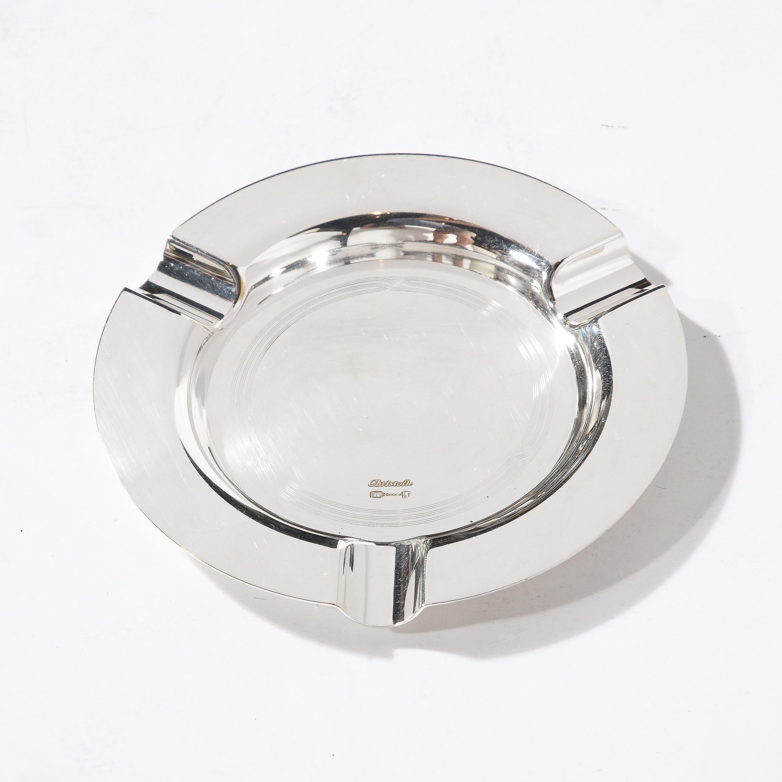 French Christofle Silver-Plated Art Deco Style Ashtray With Engine Turned Engraving For Sale