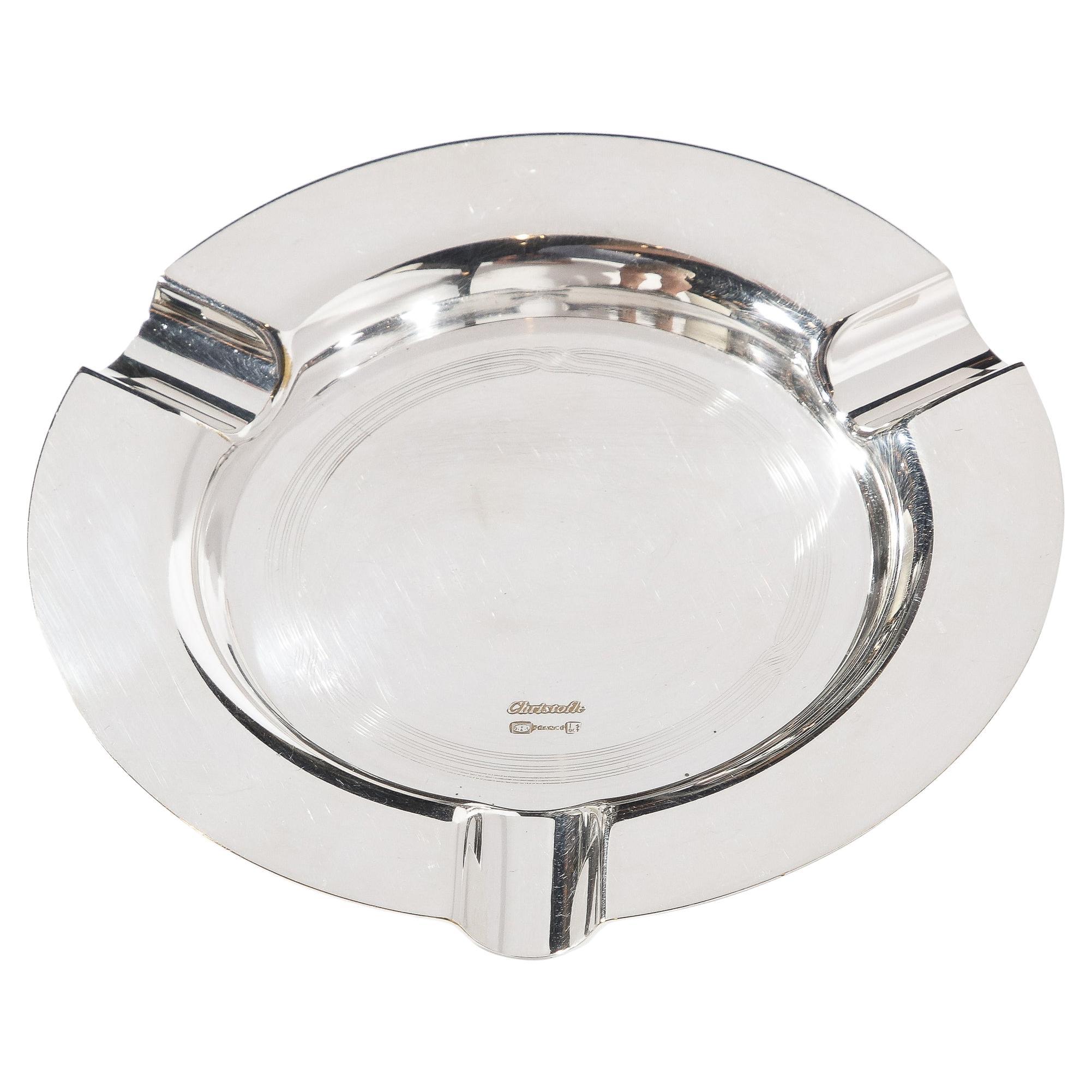 Christofle Silver-Plated Art Deco Style Ashtray With Engine Turned Engraving For Sale