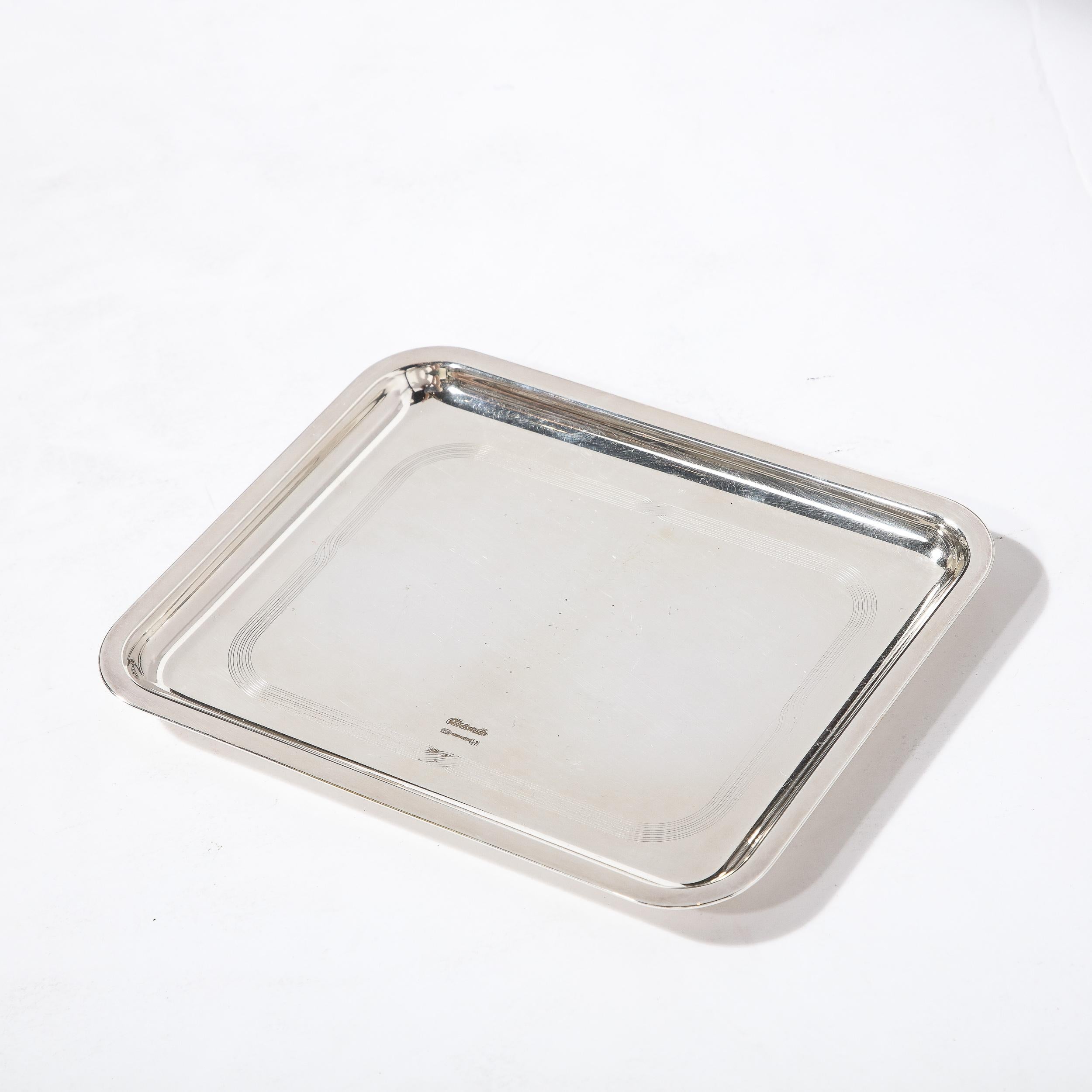 French Christofle Silver-Plated Art Deco Style Tray with Engine Turned Engraving