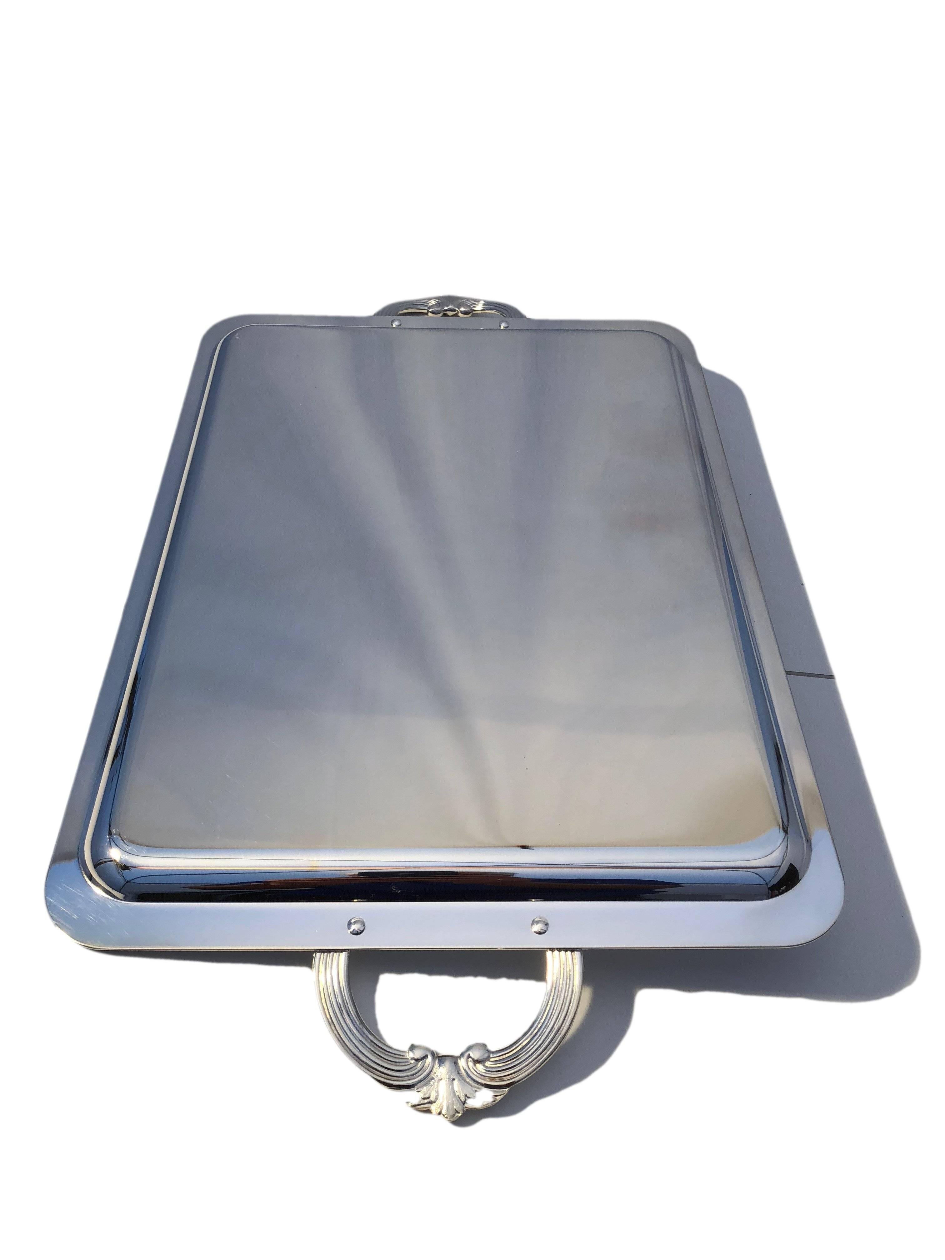 French Christofle Silver Plated Rectangular Tray Carnavalet For Sale