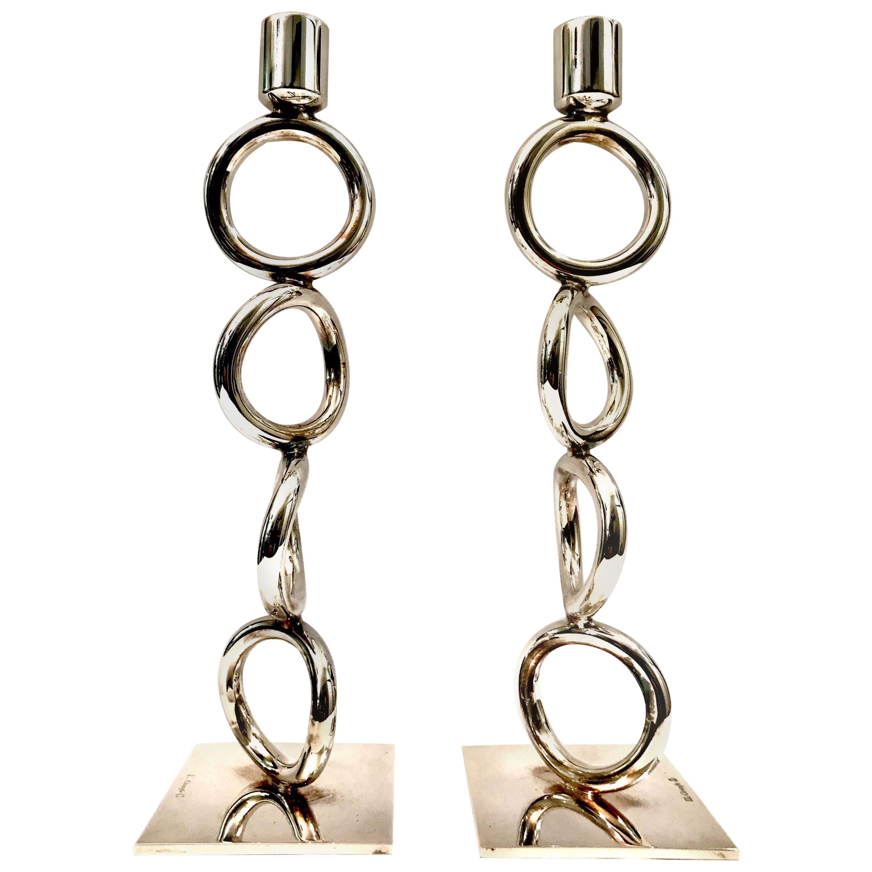 Christofle Silver Plated Vertigo Four-Ring Candlesticks For Sale