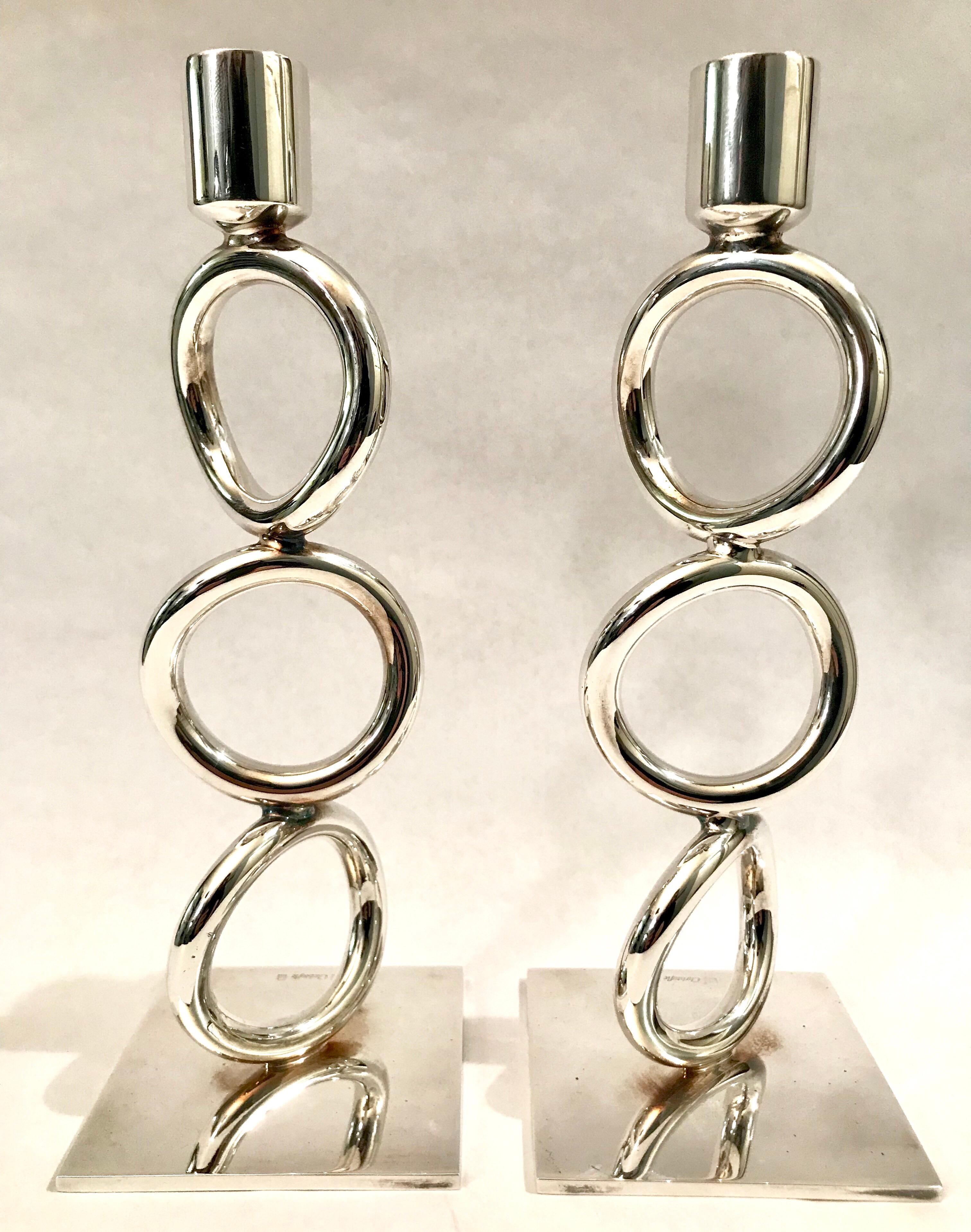 Christofle Silver Plated Vertigo Three-Ring Candlesticks In Good Condition For Sale In Lake Success, NY