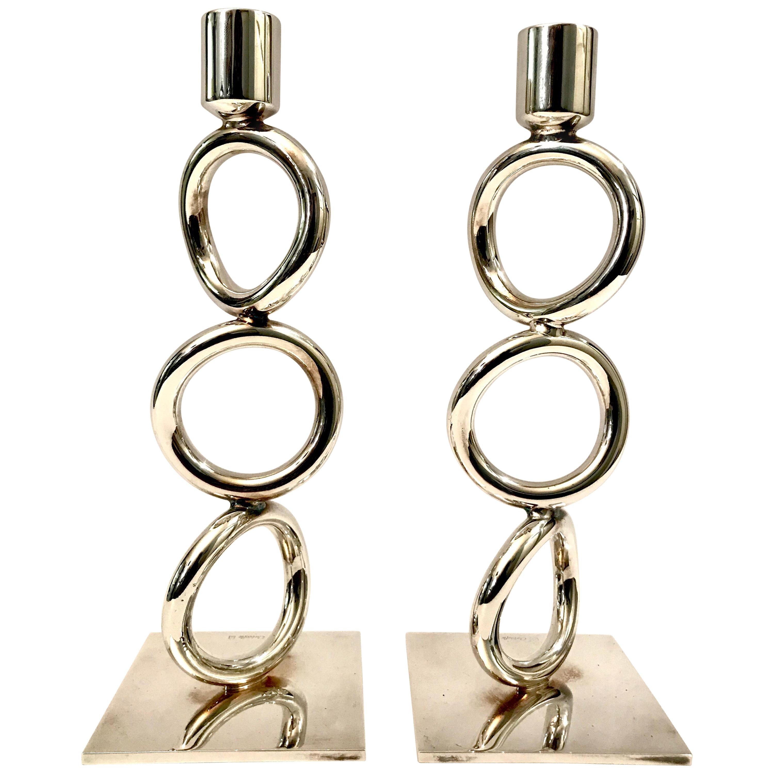 Christofle Silver Plated Vertigo Three-Ring Candlesticks For Sale