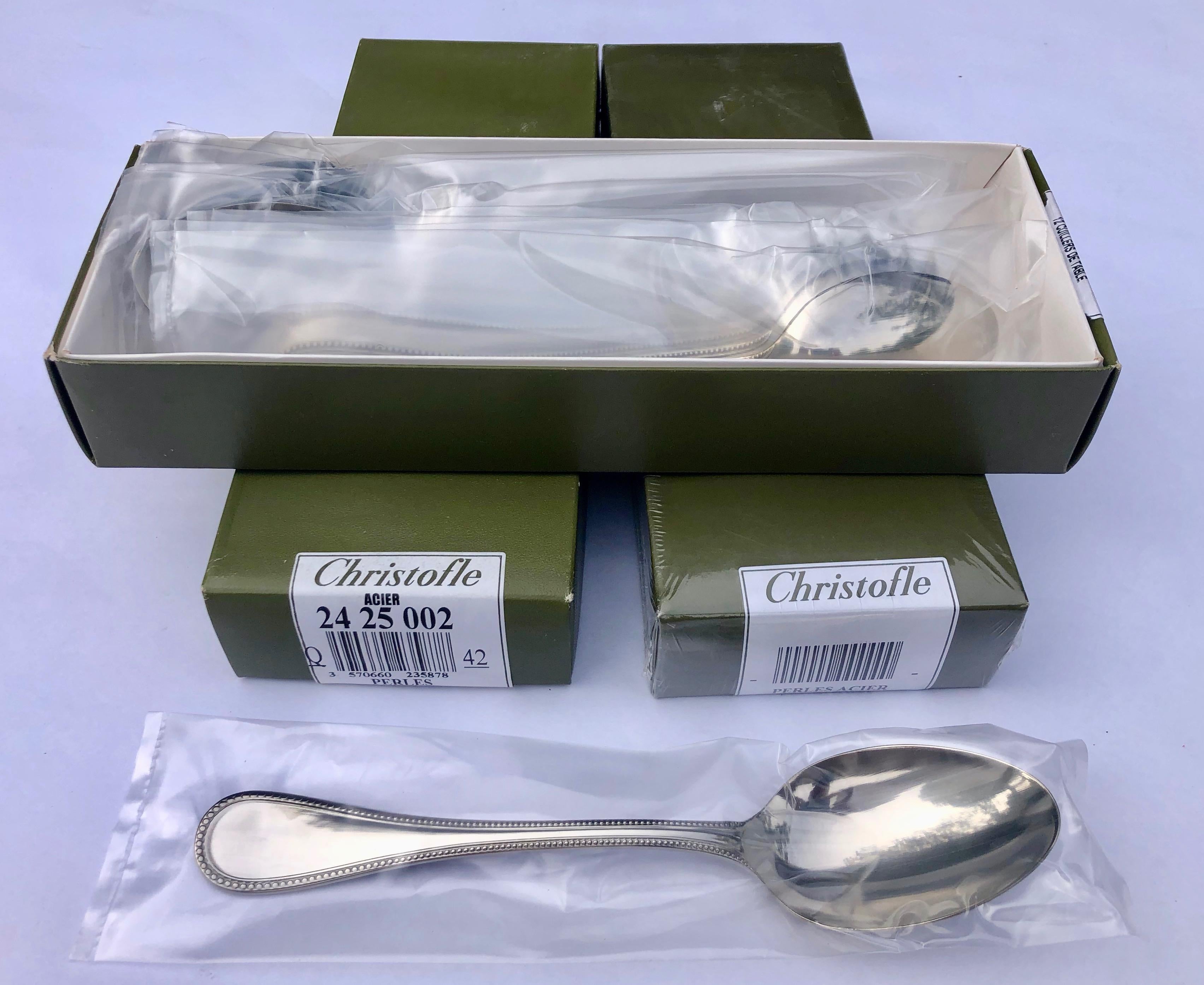Christofle Stainless Steel Perles 162-Piece Dinner Set, New in Original Boxes For Sale 7