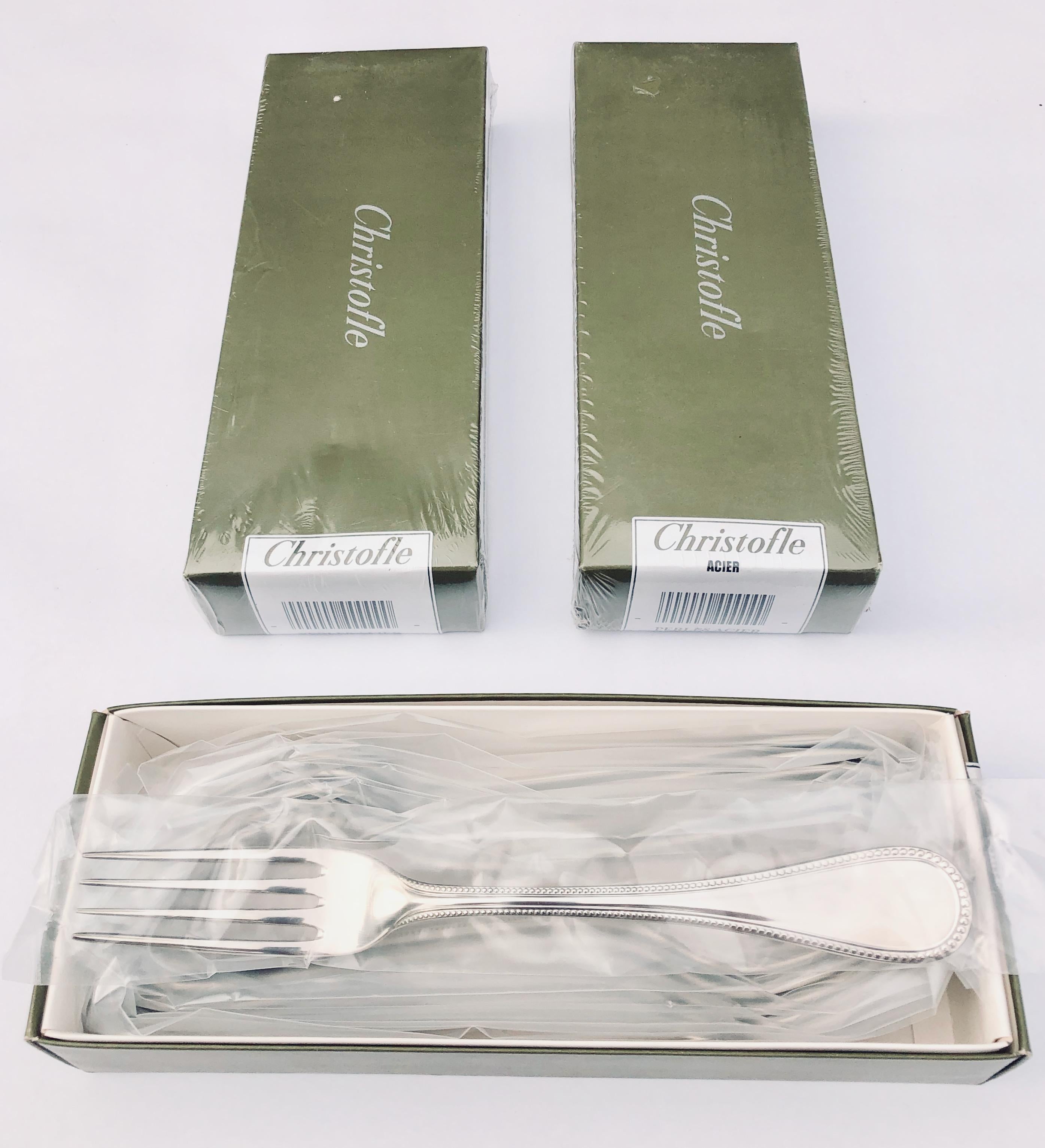 Christofle Stainless Steel Perles 162-Piece Dinner Set, New in Original Boxes In Excellent Condition For Sale In Petaluma, CA