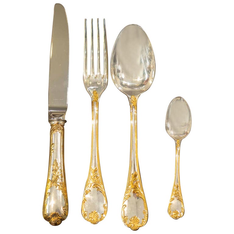 Christofle, Sterling Silver and Gold Dessert Flatware 48 Pieces For