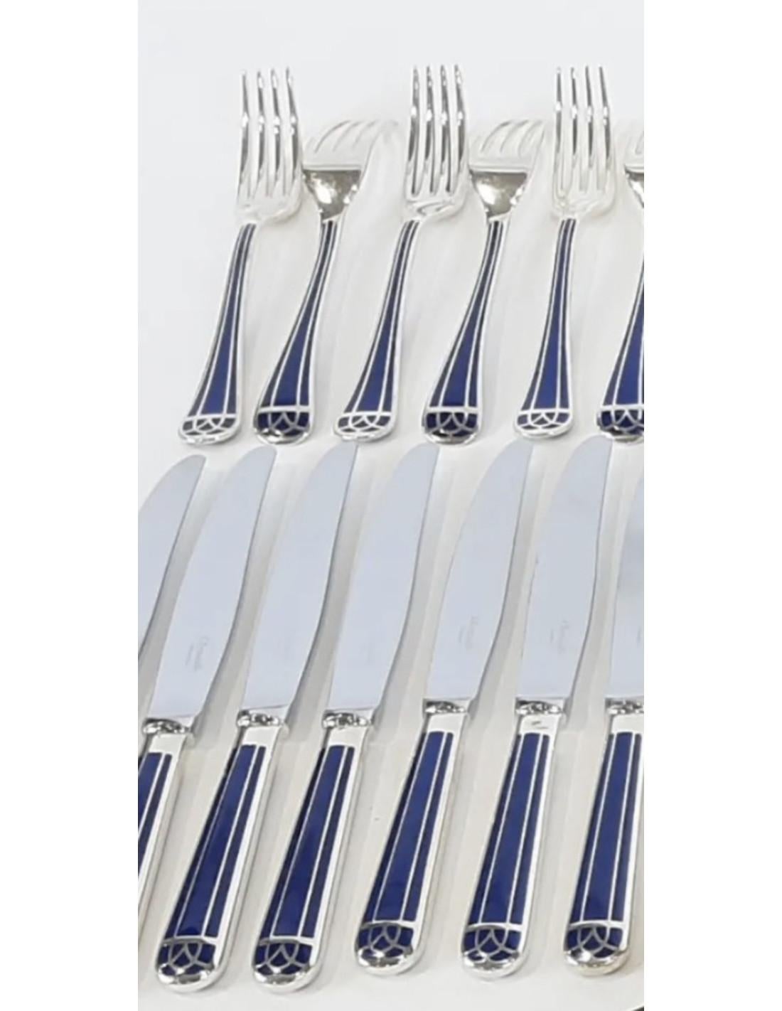 Lacquered CHRISTOFLE, 'Talisman blue lacquer' 24-piece cutlery set For Sale