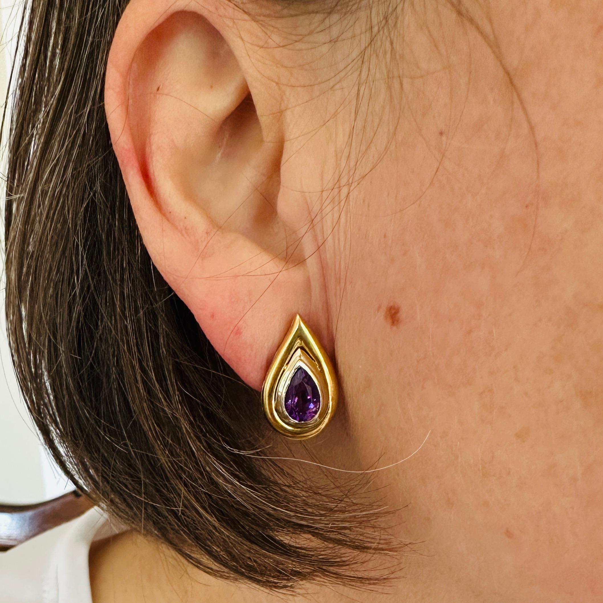 Contemporary Christofle Teardrop Ear Clips with Amethysts in 18K Yellow and White Gold For Sale