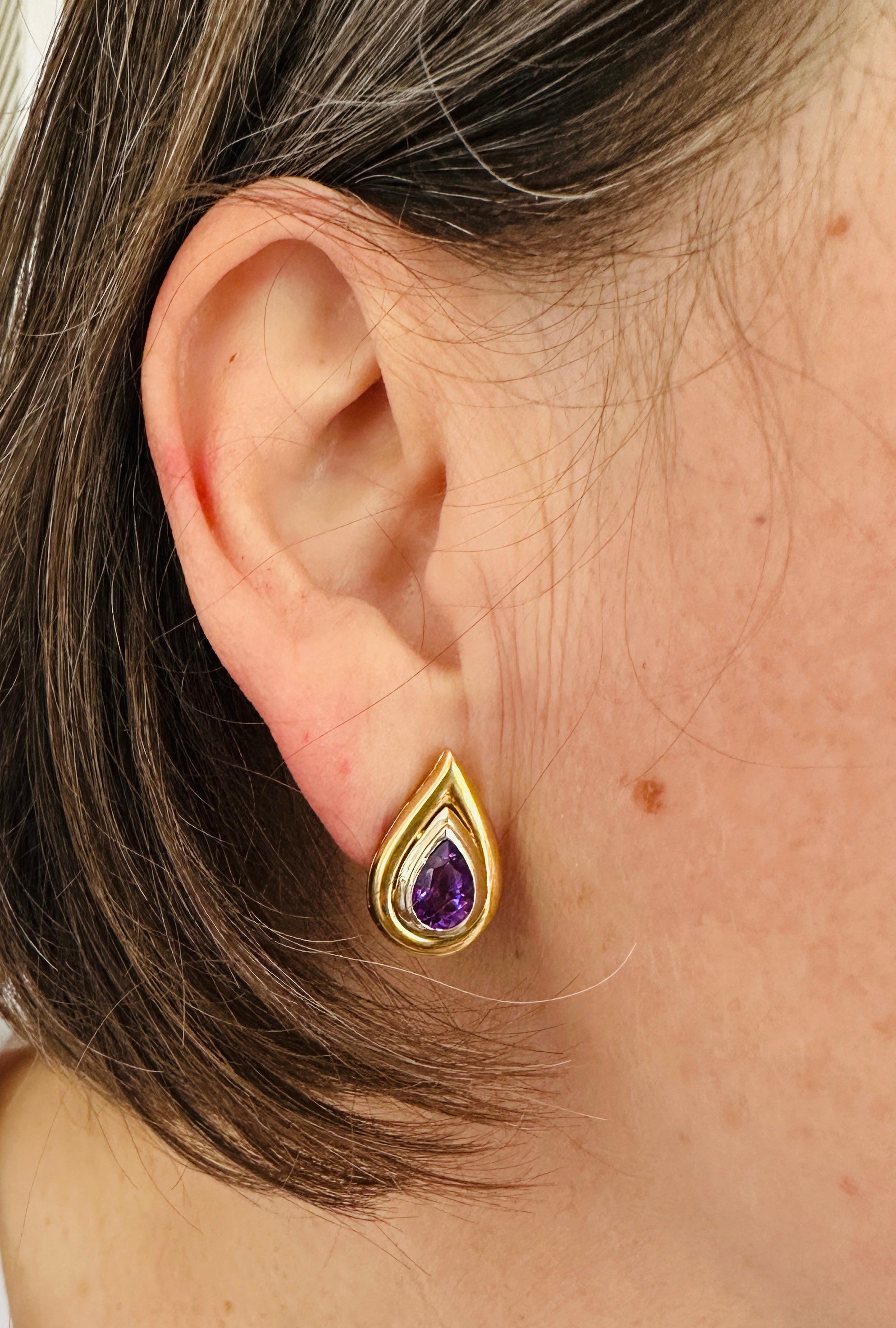Christofle Teardrop Ear Clips with Amethysts in 18K Yellow and White Gold For Sale 3