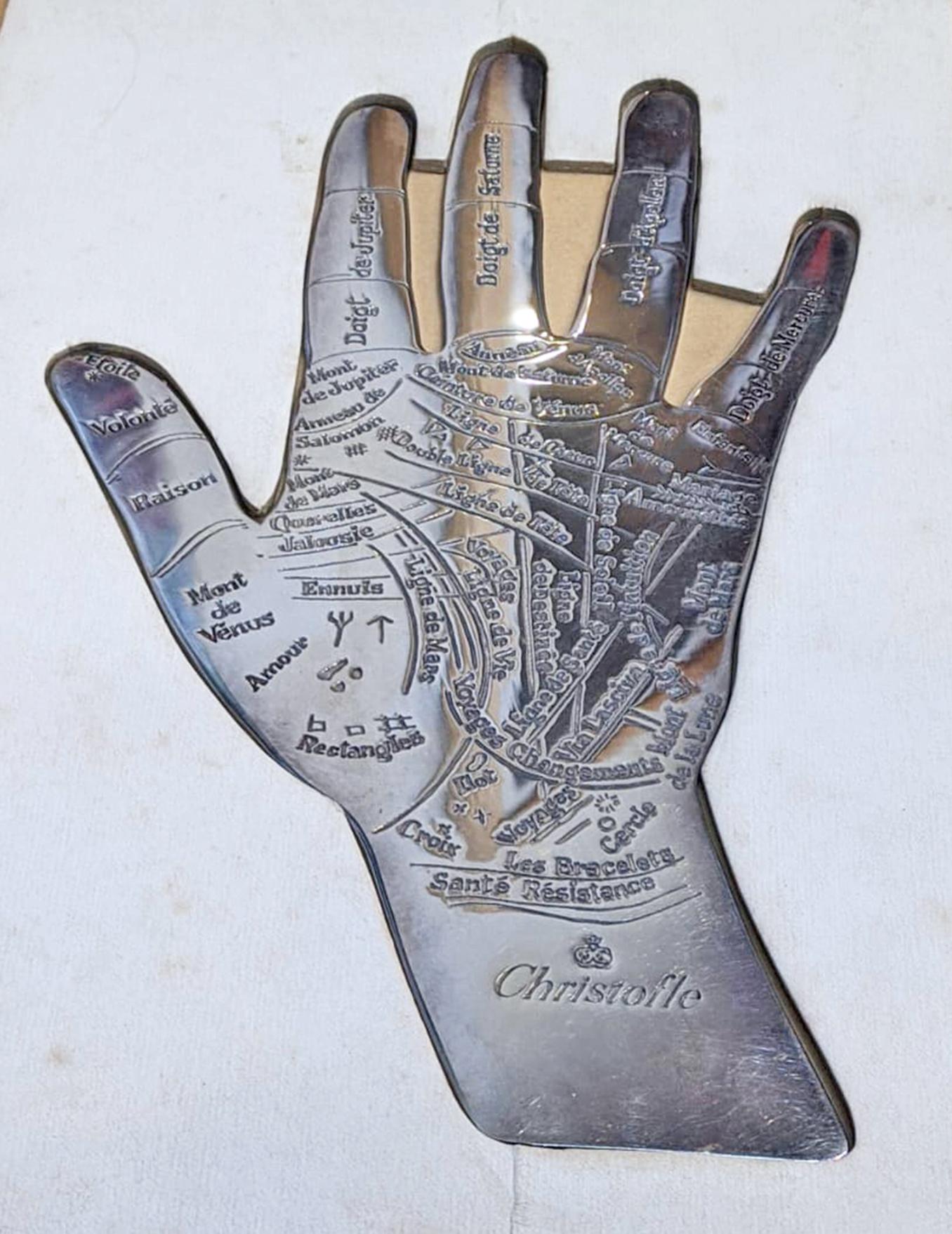 Christofle's 'The Hand of Destiny': Silver Palm Reading Paperweight and Booklet In Good Condition For Sale In North Miami, FL