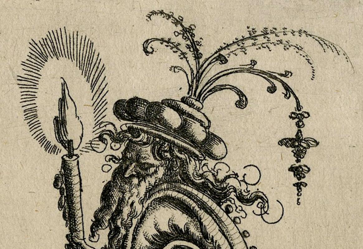 Grotesque with two hybrid gristly creatures facing each other - Print by Christoph Jamnitzer