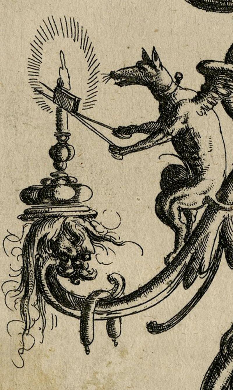 Grotesque with two hybrid gristly creatures facing each other - Old Masters Print by Christoph Jamnitzer