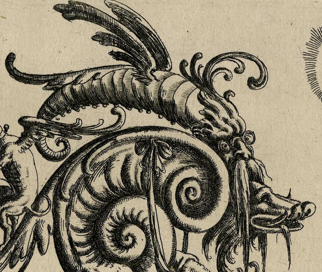 Grotesque with two hybrid gristly creatures facing each other - Beige Figurative Print by Christoph Jamnitzer