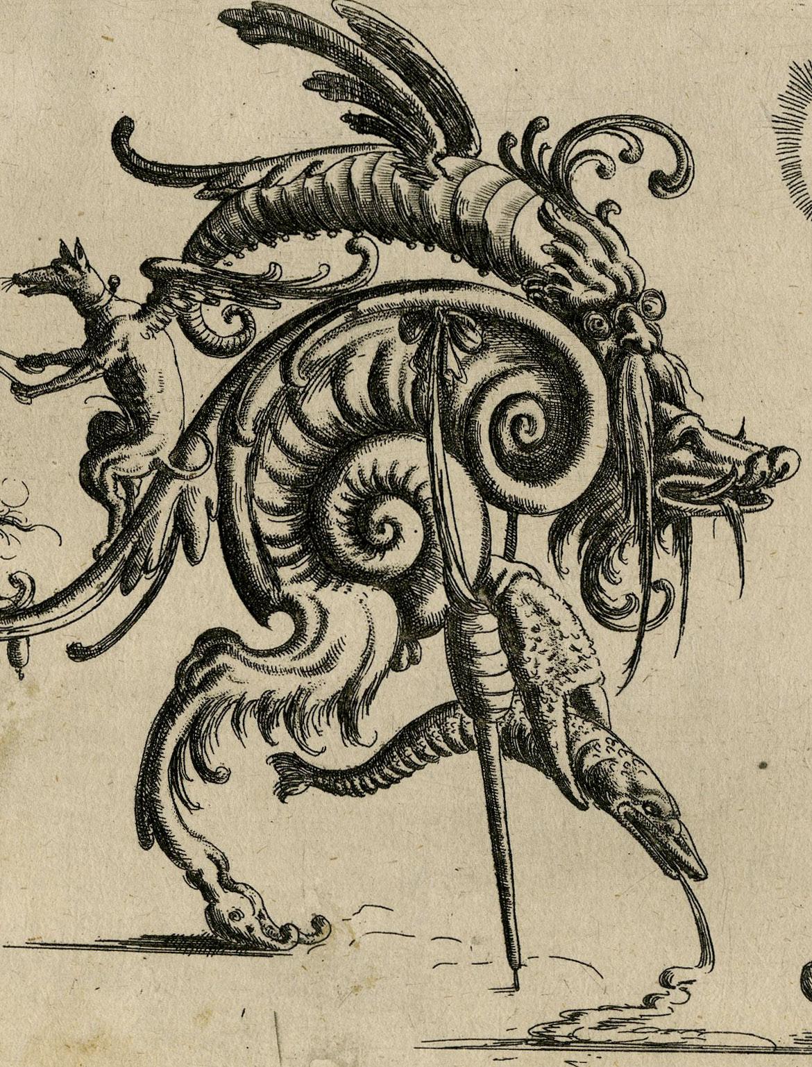Grotesque with two hybrid gristly creatures facing each other; on left with a boar's snout underneath a male mask and a crab's claw holding a fish, on right a bearded male figure holding a candle
Etching, 1610
Unsigned, as usual
From:  'New