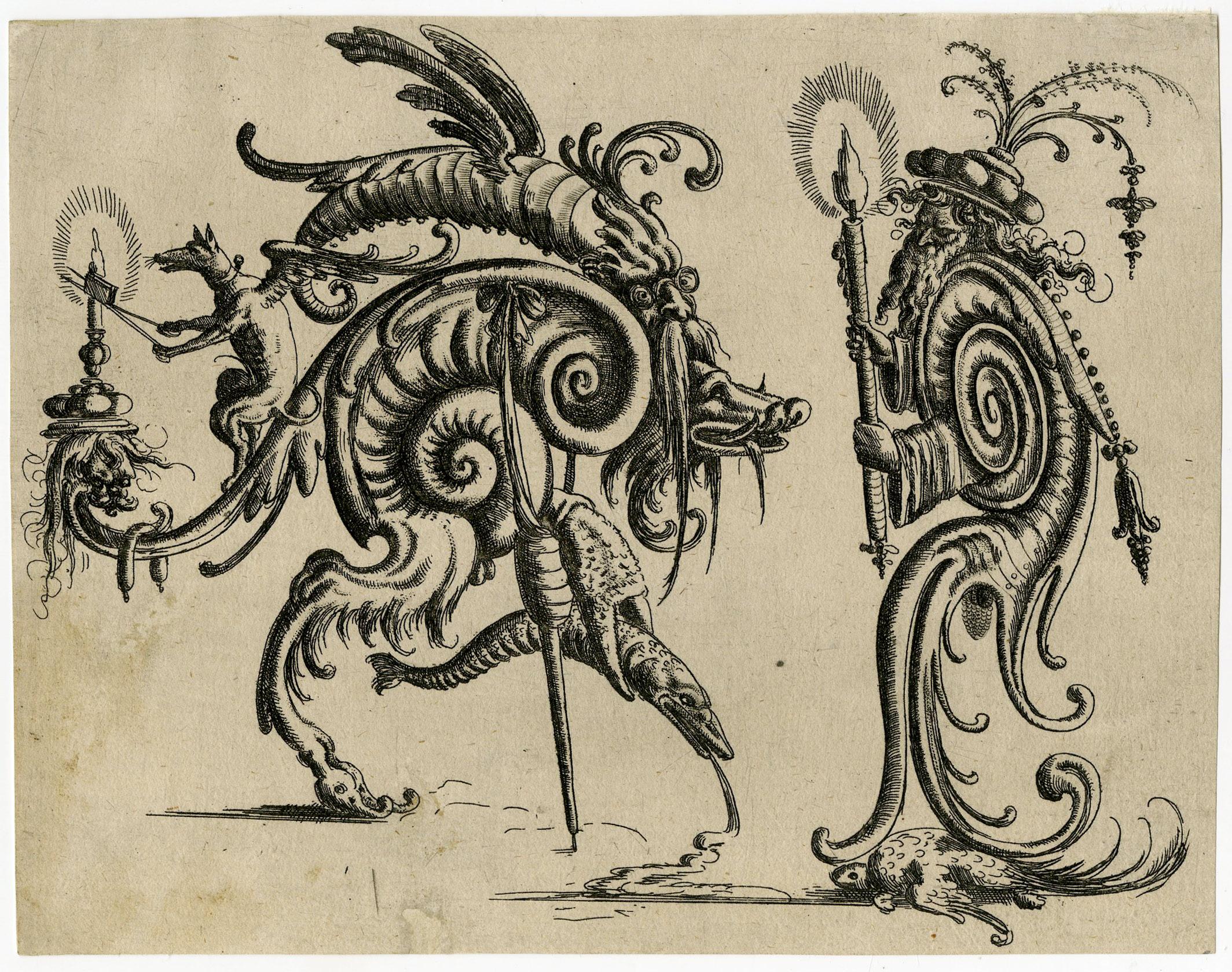 Christoph Jamnitzer Figurative Print - Grotesque with two hybrid gristly creatures facing each other