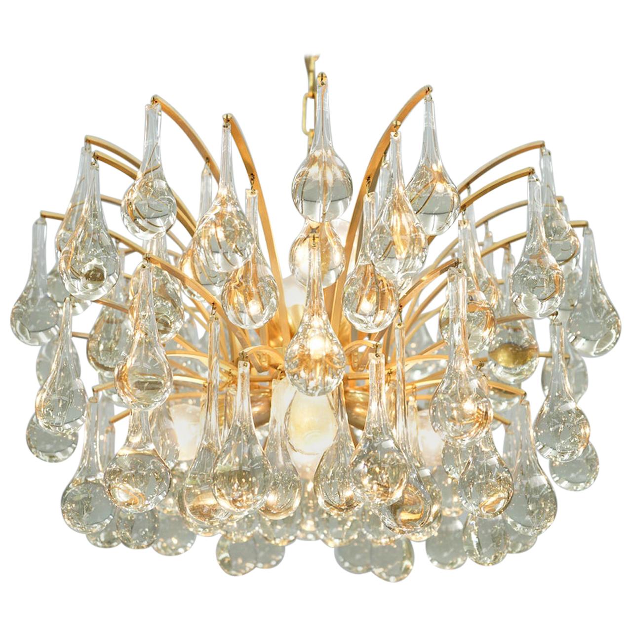 Gilded Brass and Glass Drop Chandelier Palwa, 1960s at 1stDibs