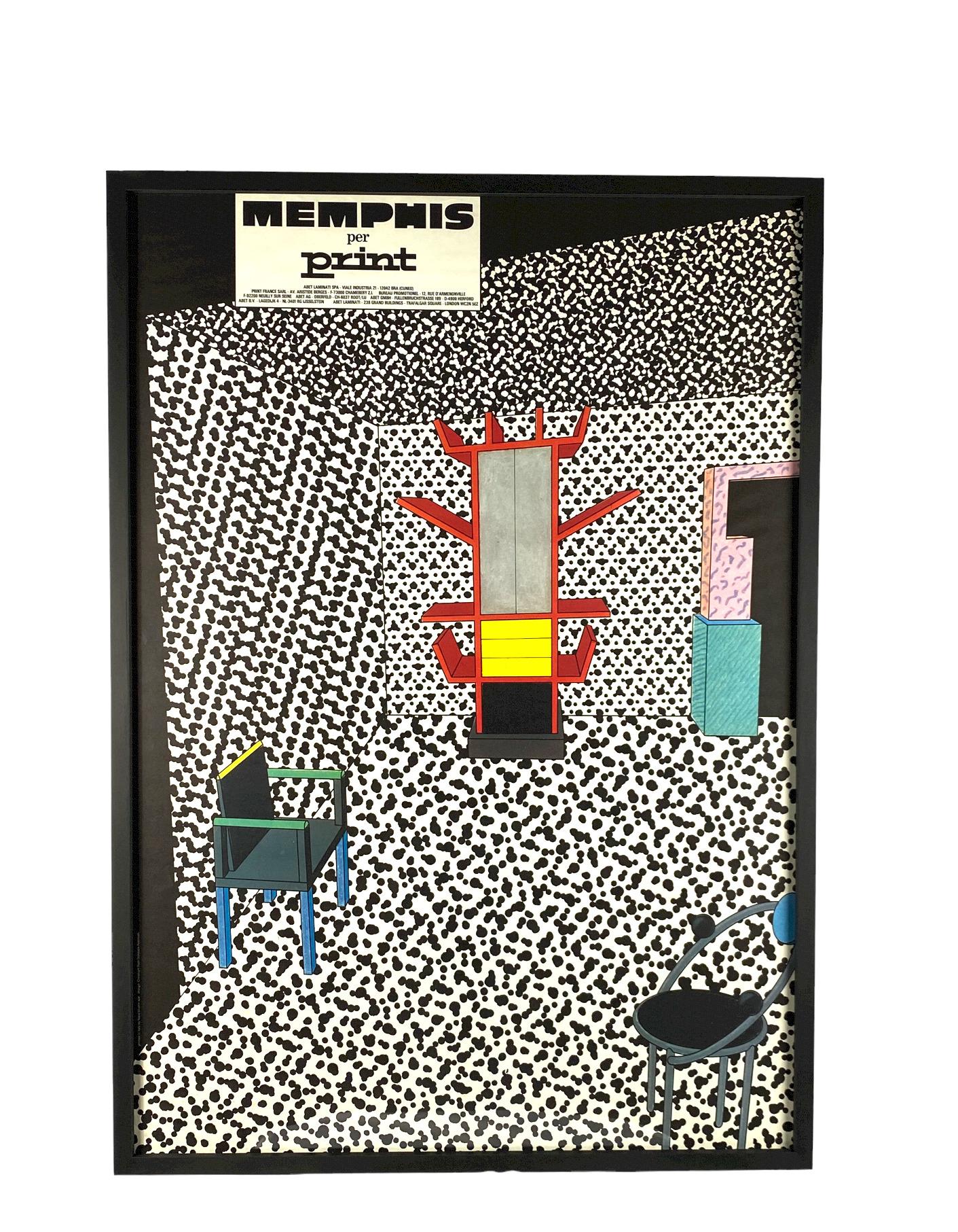 Christoph Radl, Memphis per Print,

Abet Laminati, Italy 1983

Lacquered Wood Frame.

Radl defines a Memphis interior with the iconic Casablanca bookcase designed by Ettore Sottsass, the Palace chair by George Sowden and the First chair by