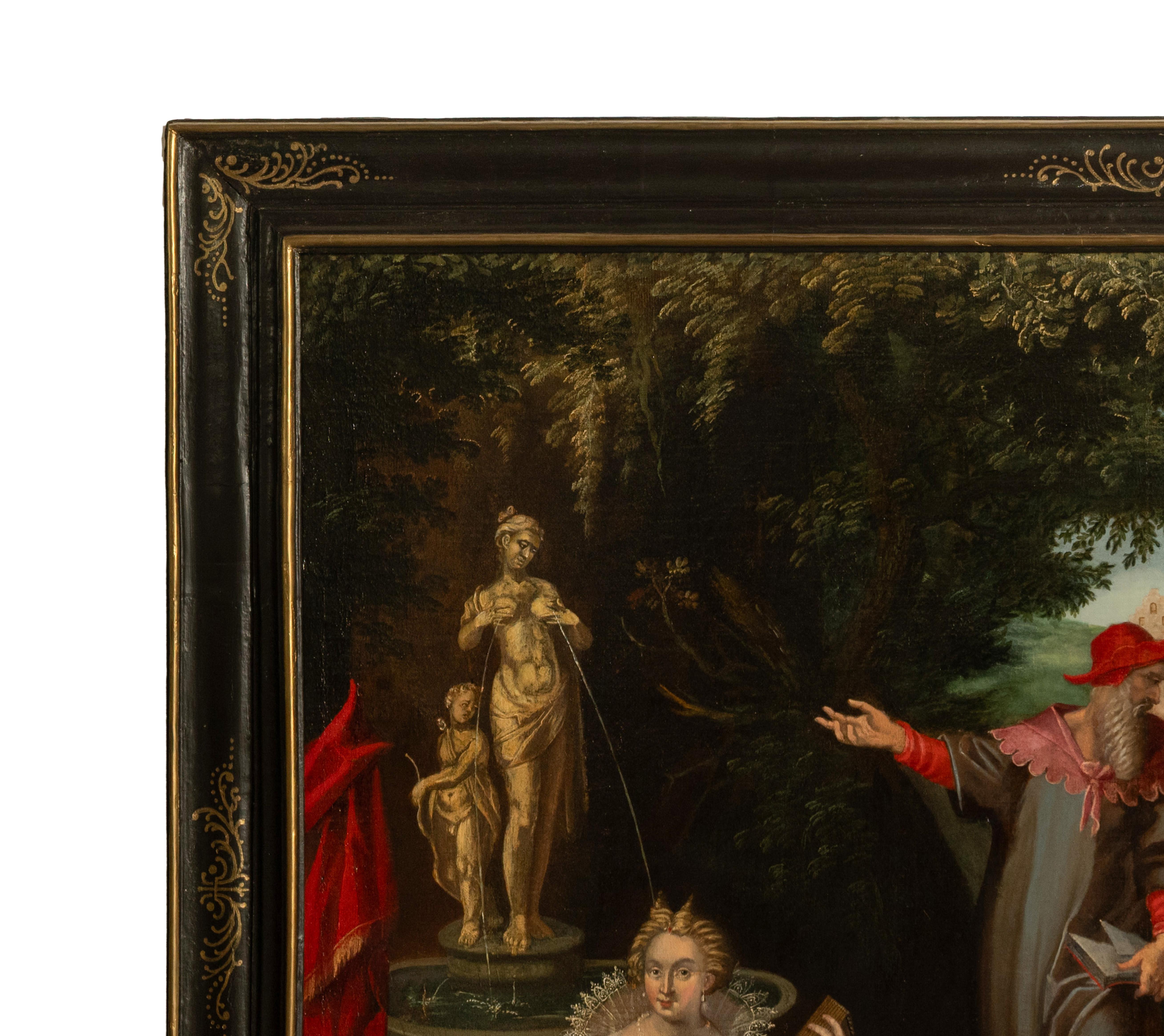 Gran e importante óleo renacentista alemán, alegoría sobre la buena salud sexual, obra de Christoph Schwarz (1545-1592), 