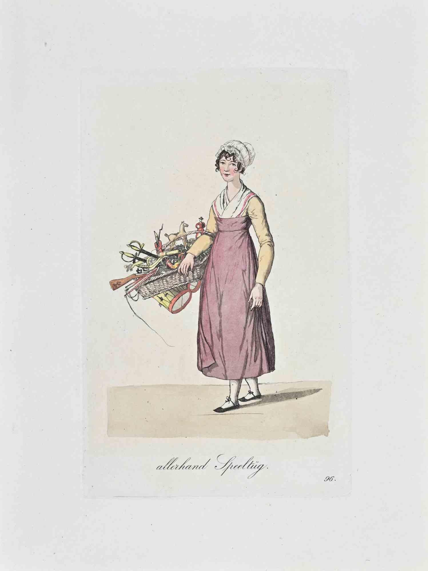 Etching hand colored realized by Christoph Suhr in 1808.

Belogs to the Series "Der Ausruf in Hamburg vorgestellt in ein hundert und zwanzig colorirten Blättern".

Beautiful engraving with contemporary colouring from the first edition of the most