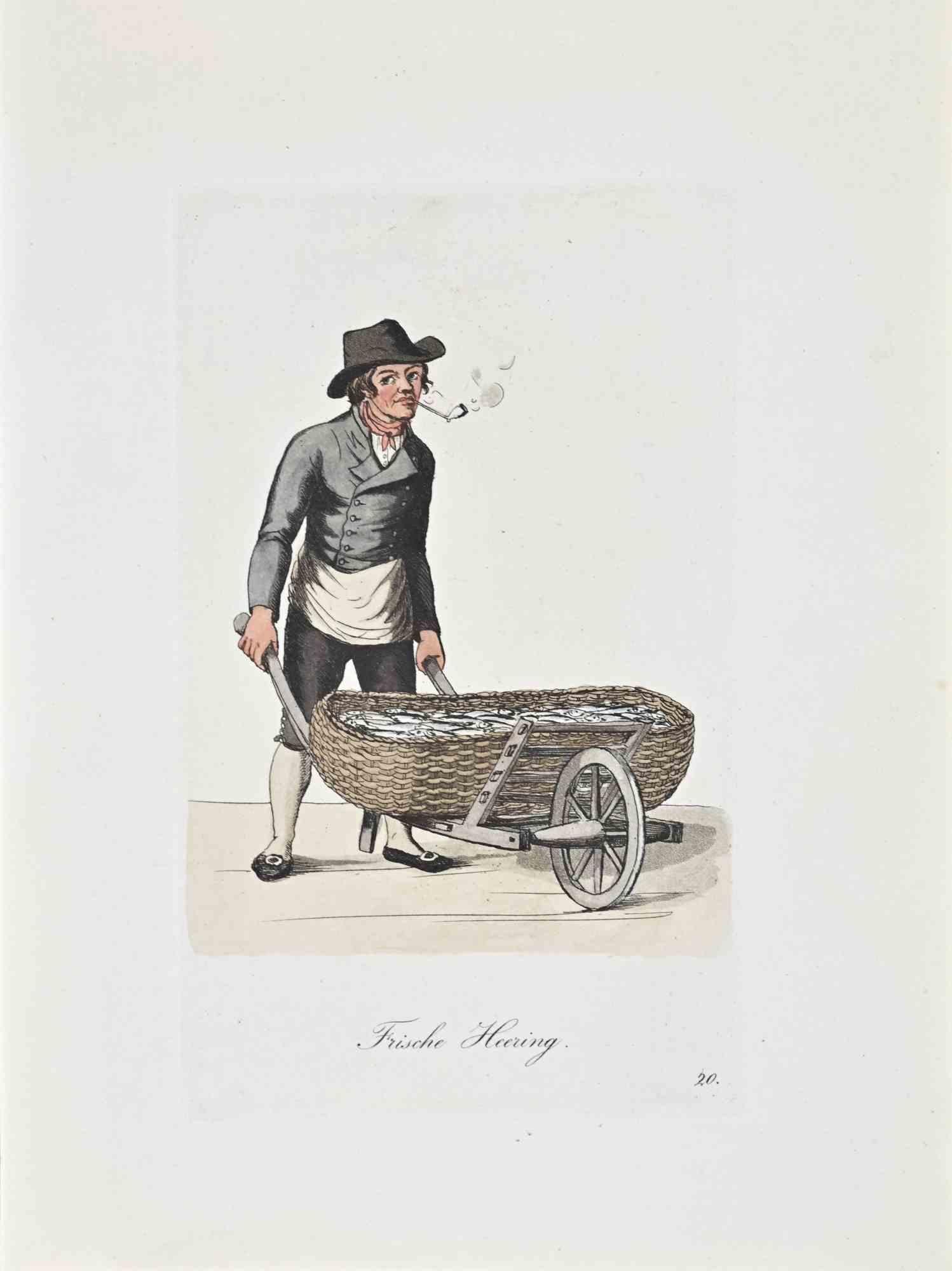 Etching hand colored realized by Christoph Suhr in 1808.

Belogs to the Series "Der Ausruf in Hamburg vorgestellt in ein hundert und zwanzig colorirten Blättern".

Beautiful engraving with contemporary colouring from the first edition of the most