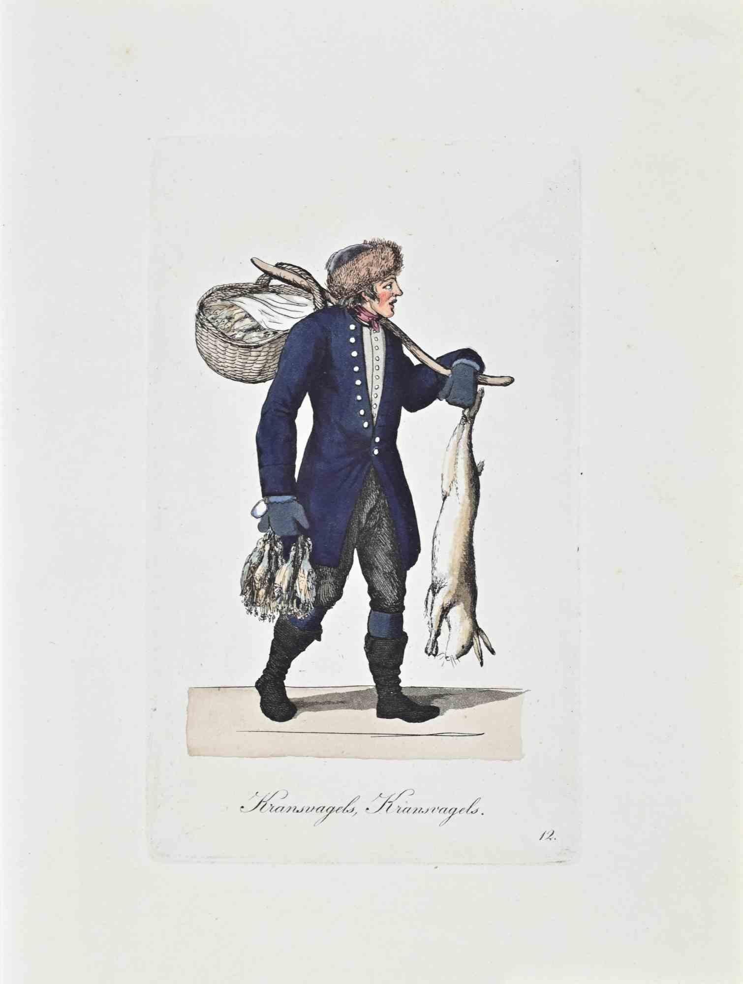 Etching hand colored realized by Christoph Suhr in 1808.

Belogs to the Series "Der Ausruf in Hamburg vorgestellt in ein hundert und zwanzig colorirten Blättern".

Beautiful engraving with contemporary colouring from the first edition of the most