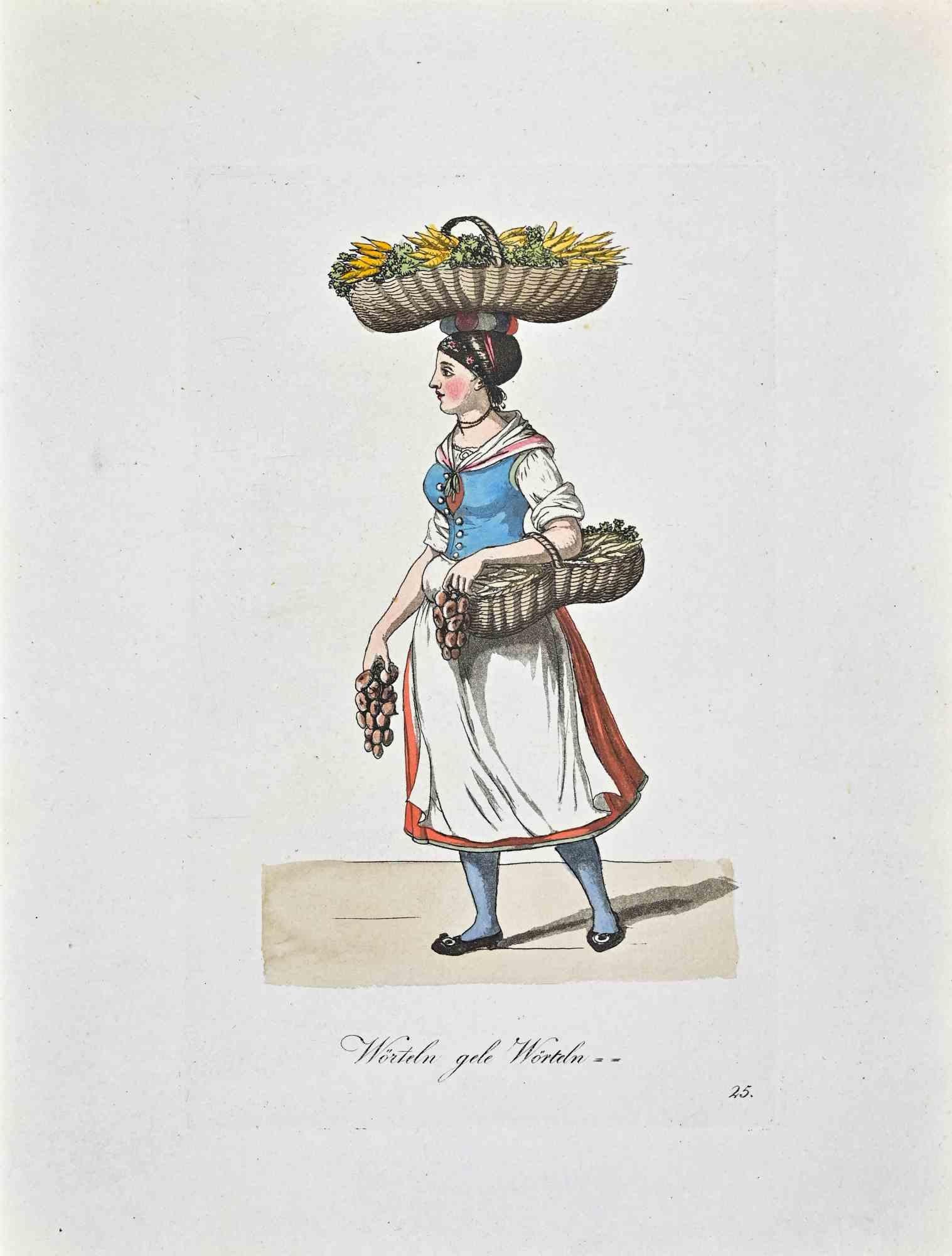 Etching hand colored realized by Christoph Suhr in 1808.

Belogs to the Series "Der Ausruf in Hamburg vorgestellt in ein hundert und zwanzig colorirten Blättern".

Beautiful engraving with contemporary colouring from the first edition of the most