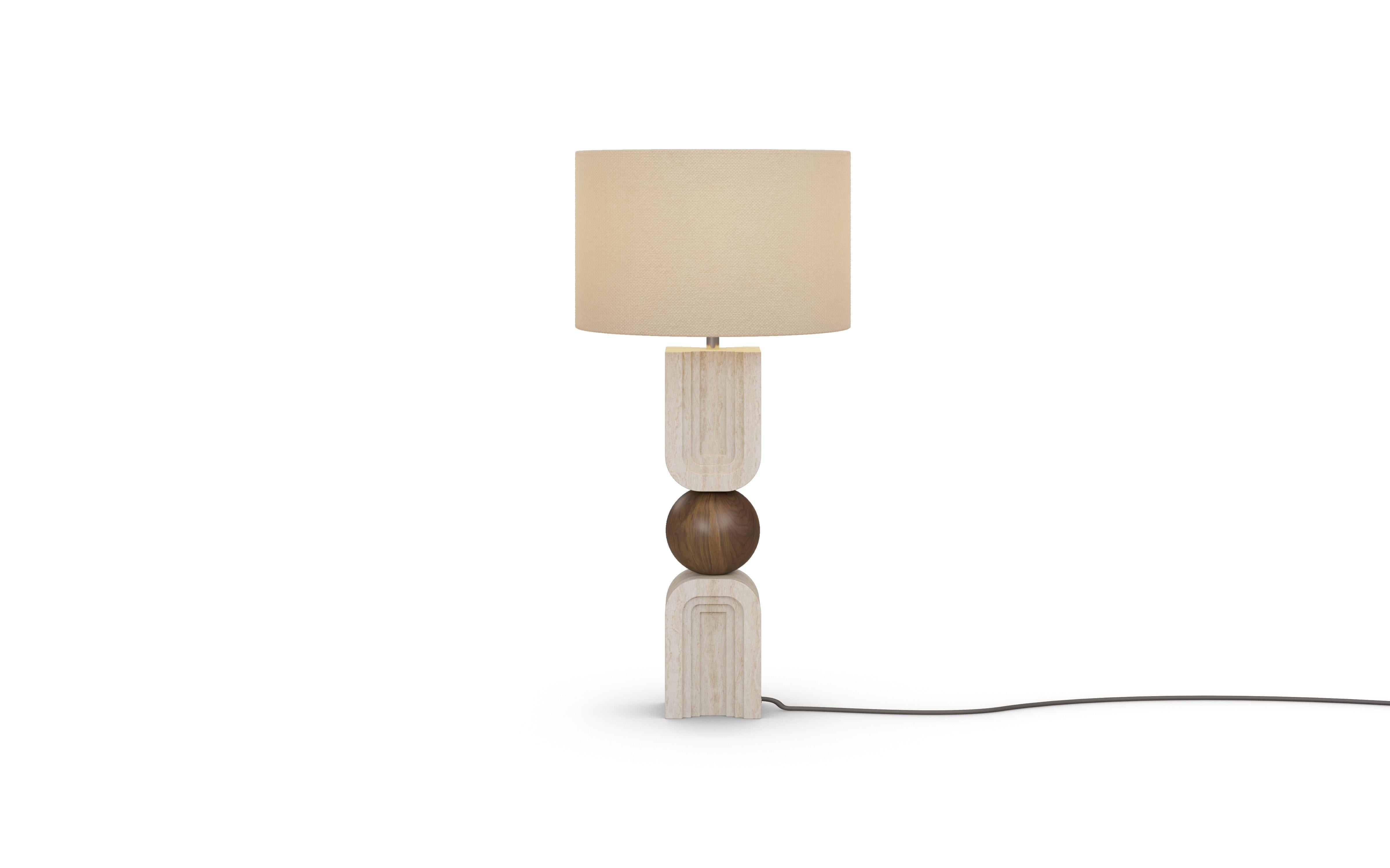 Christoph Table Lamp — Travertine Base with Walnut Matte, Brass 
Textile Shade For Sale