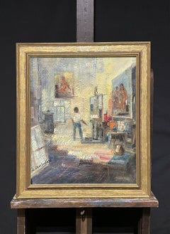 20th CENTURY FRENCH MODERNIST SIGNED OIL - ARTIST AT WORK IN STUDIO ATELIER